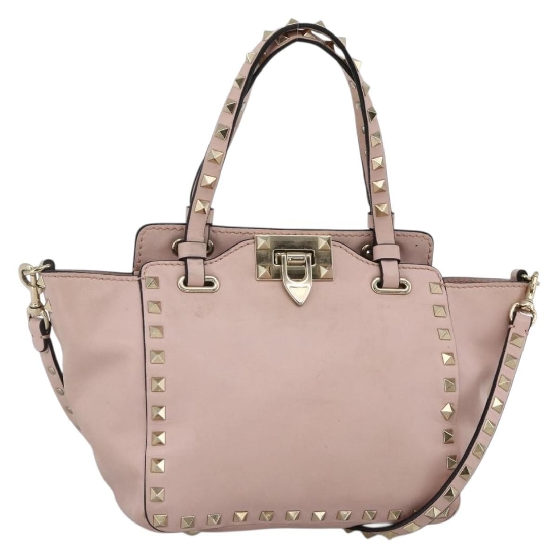 Valentino Rockstud Pink Leather Two Way Handbag with Gold Accents: Valentino Rockstud Pink Leather Two Way Handbag with Gold Accents This Valentino Rock Studs handbag features a pink and gold leather exterior and is designed for women. The bag can be carried by hand 