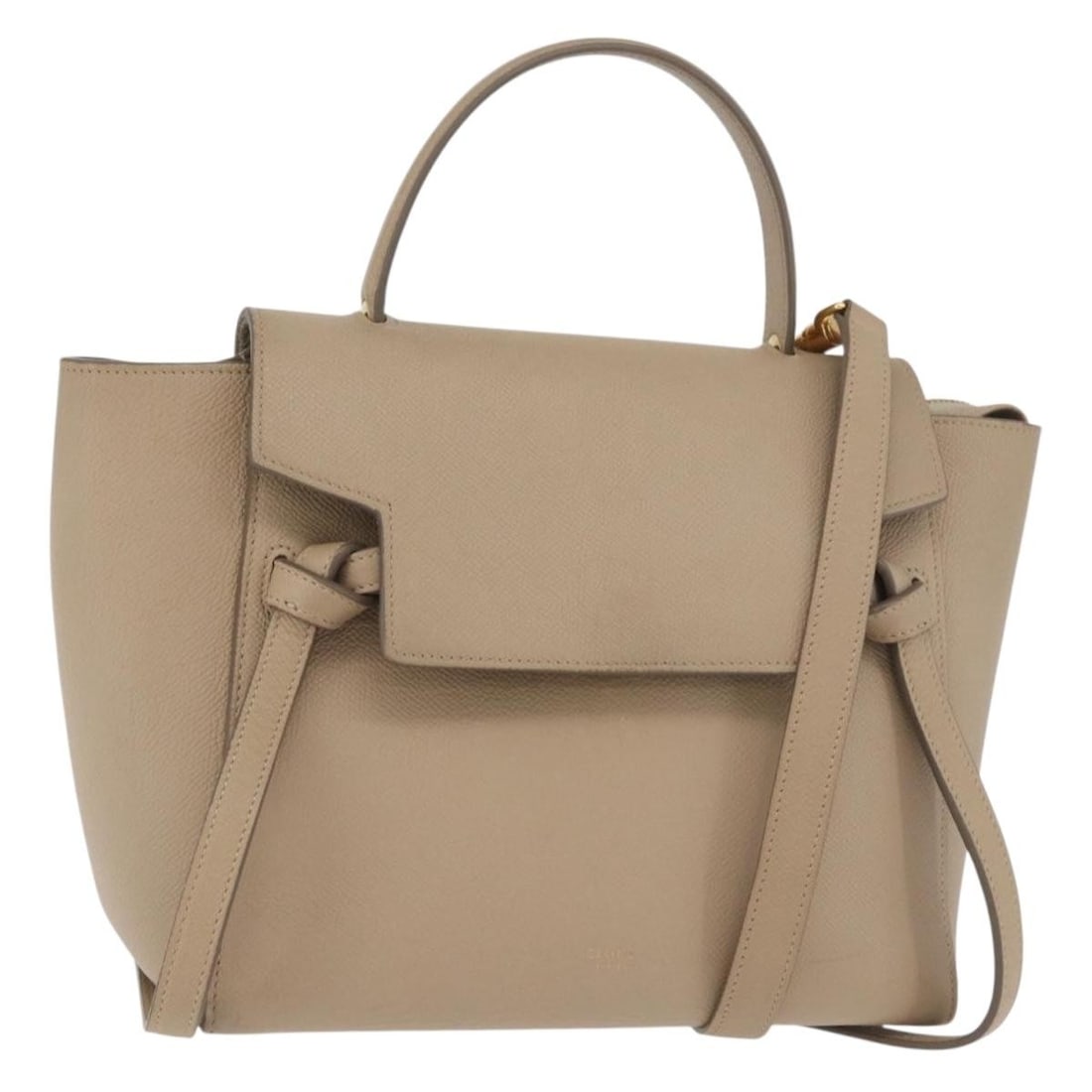 CELINE Beige Leather Belt Bag with Shoulder Strap: CELINE Beige Leather Belt Bag with Shoulder Strap This CELINE Belt Bag is a versatile 2-way handbag crafted from beige leather with gold-tone accents. Designed for women, it features both a top handle