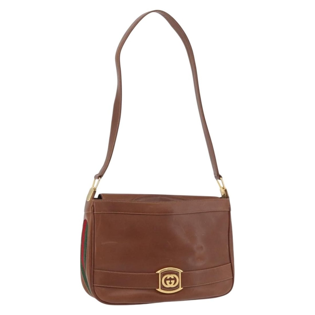 Gucci Sherry Web Leather Shoulder Bag Gold Brown 153770: Gucci Sherry Web Leather Shoulder Bag Gold Brown 153770 A Gucci Web Sherry Line shoulder bag in leather with a gold and brown exterior. Made in France, it features a shoulder strap with an approximate