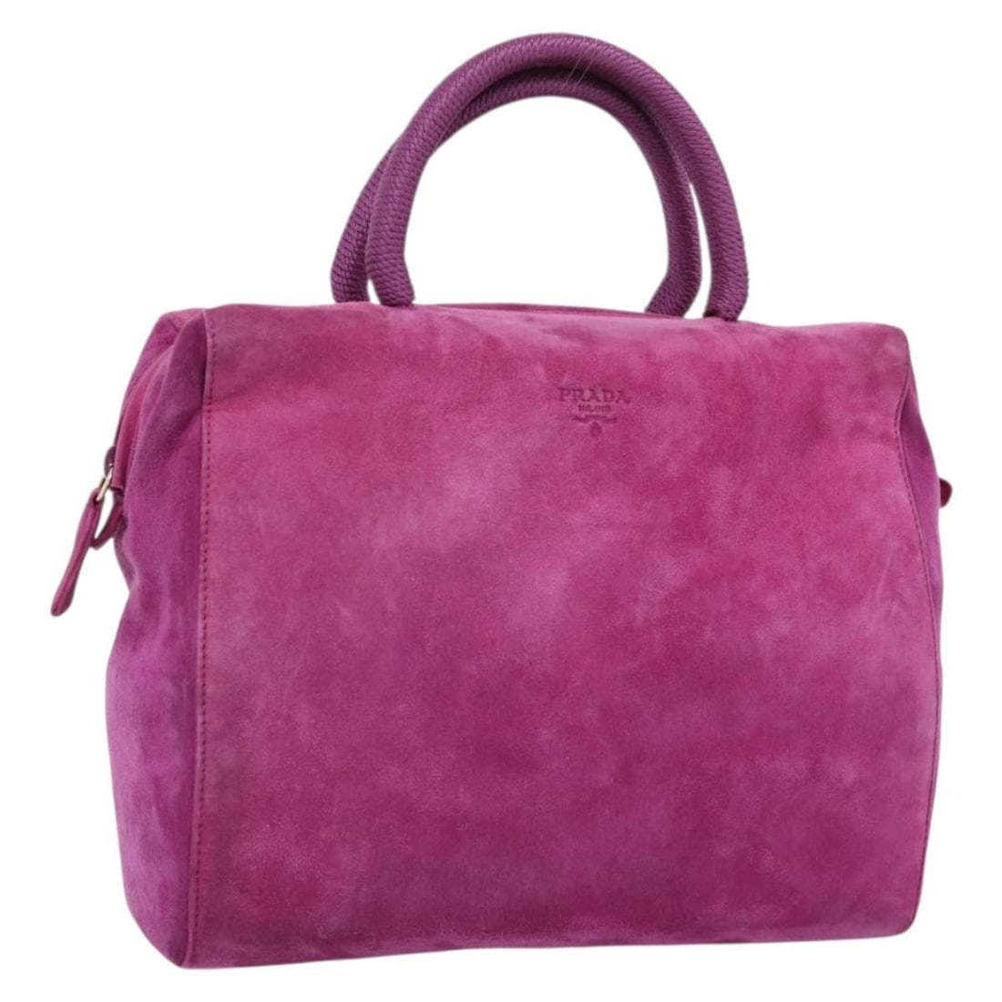 PRADA Purple Suede Handbag with Gold Tone Hardware: PRADA Purple Suede Handbag with Gold Tone Hardware Prada hand bag in purple and gold suede, made in Italy. This women's bag measures approximately 24 cm wide, 21 cm high, and 9 cm deep, with an approx