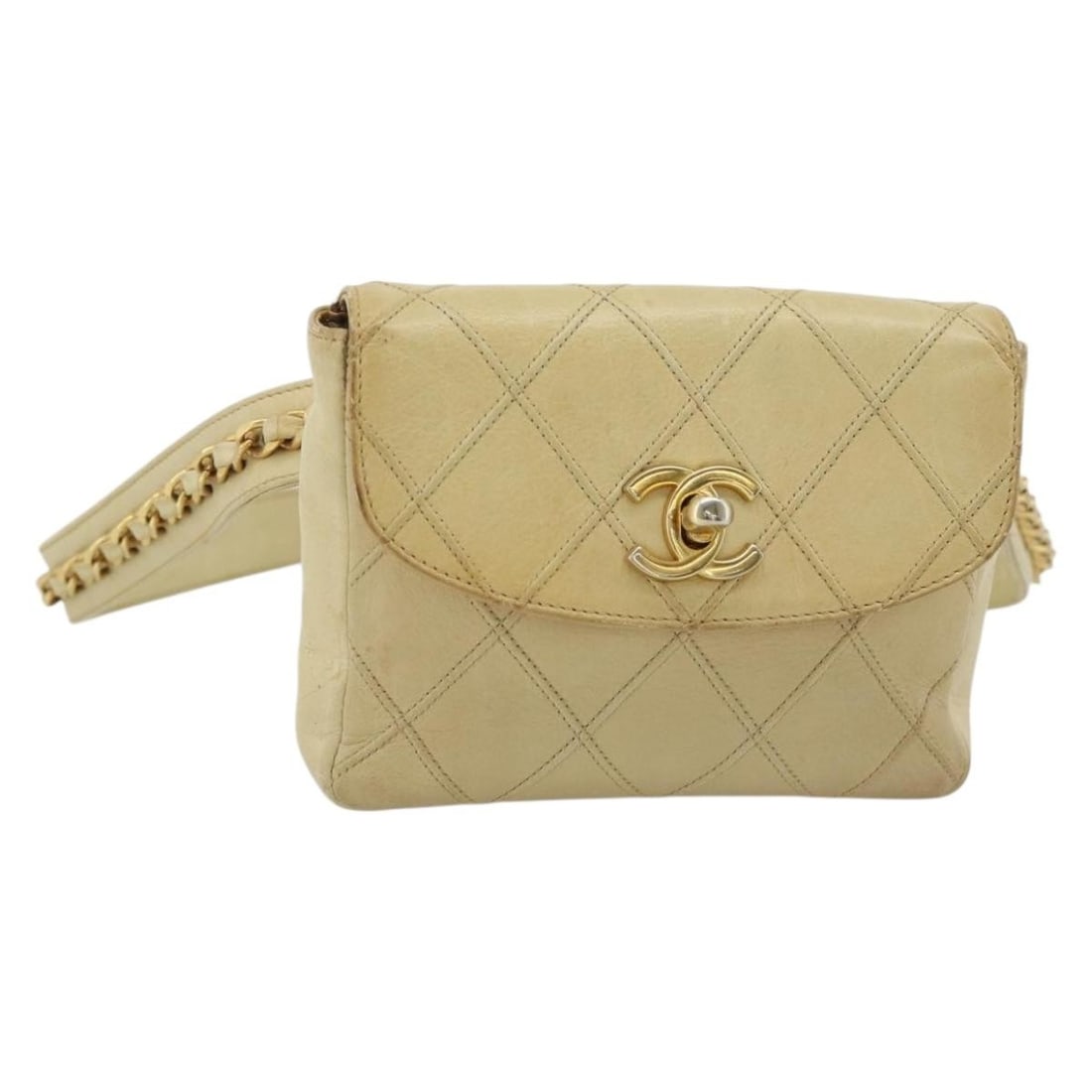 CHANEL Lamb Skin Waist Bag Beige Gold CC Italy: CHANEL Lamb Skin Waist Bag Beige Gold CC Italy CHANEL Bicolore waist bag in beige and gold lamb skin, made in Italy. The bag is designed in a waist bag style and is intended for women. It measures app