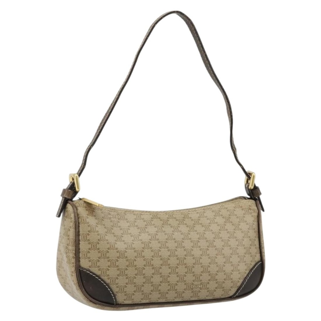 CELINE Macadam Canvas Beige Gold Accessory Pouch Italy: CELINE Macadam Canvas Beige Gold Accessory Pouch Italy This CELINE accessory pouch features the signature Macadam canvas in beige and gold tones, crafted from durable PVC leather. Made in Italy, it is