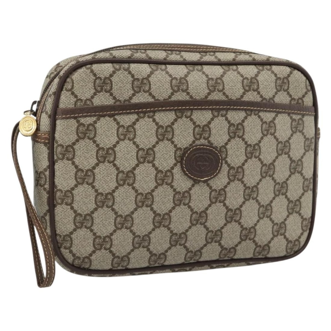 Gucci Beige Gold GG Canvas PVC Leather Clutch 014.58.0128: Gucci Beige Gold GG Canvas PVC Leather Clutch 014.58.0128 Gucci GG Canvas clutch bag in beige and gold, made from PVC leather and GG canvas. It measures approximately W22 cm x H15 cm x D5 cm (W8.7 x H