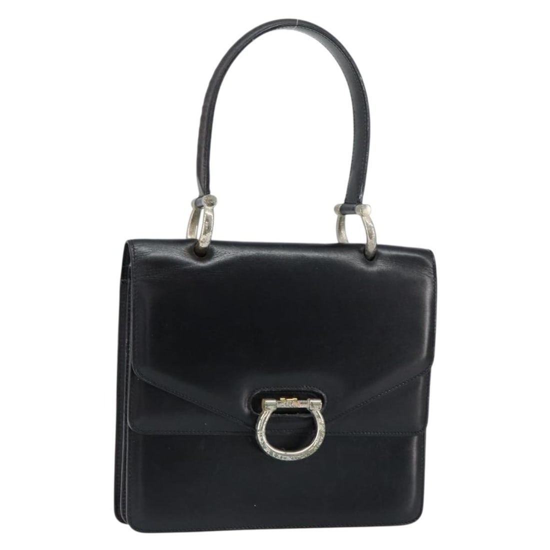 CELINE Black Leather Hand Bag with Silver Accents Auth 151991: CELINE Black Leather Hand Bag with Silver Accents Auth 151991 This Celine Hand Bag showcases a sophisticated blend of black leather and silver accents, crafted with precision in Italy. Its compact dim