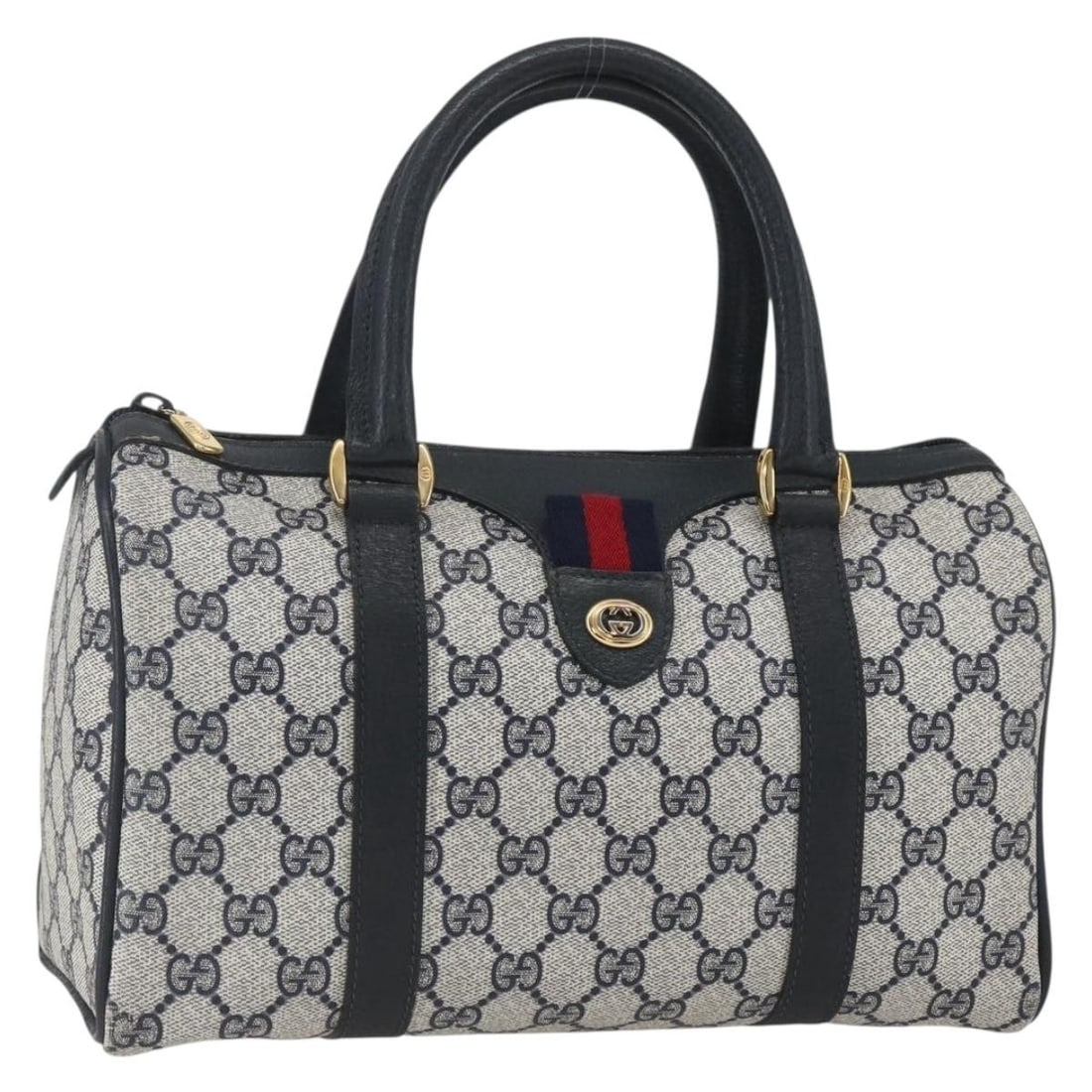 Gucci Sherry Line navy gold Boston bag GG Supreme PVC Italy: Gucci Sherry Line navy gold Boston bag GG Supreme PVC Italy This is a Gucci GG Supreme Sherry Line Boston Bag crafted from PVC leather and GG canvas in navy and gold tones. Designed for women, this Bo