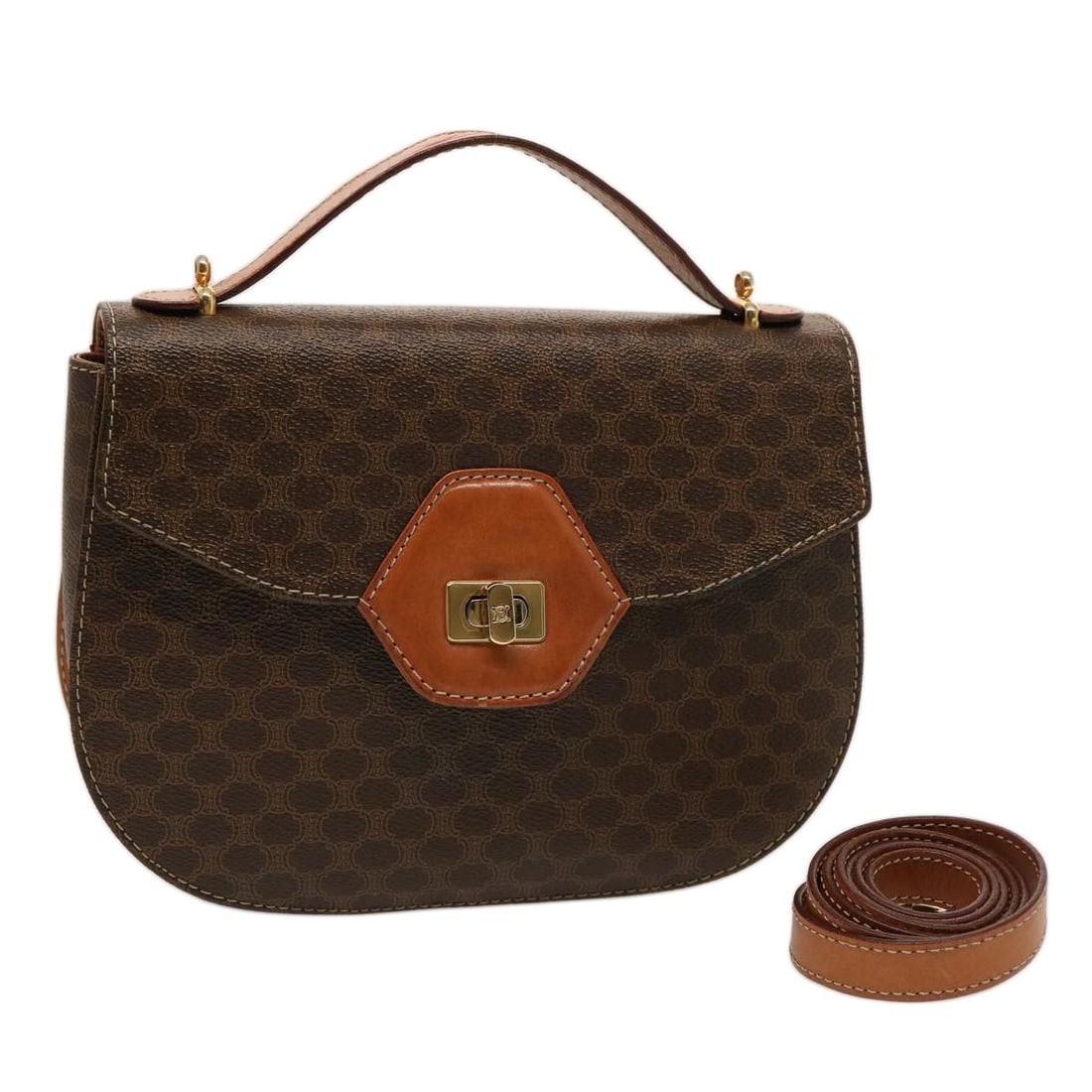 CELINE Macadam 2way Brown PVC Leather Handbag with Shoulder Strap: CELINE Macadam 2way Brown PVC Leather Handbag with Shoulder Strap CELINE Macadam Canvas hand bag in brown PVC leather and Macadam canvas, made in Italy. This women's bag comes with a shoulder strap an