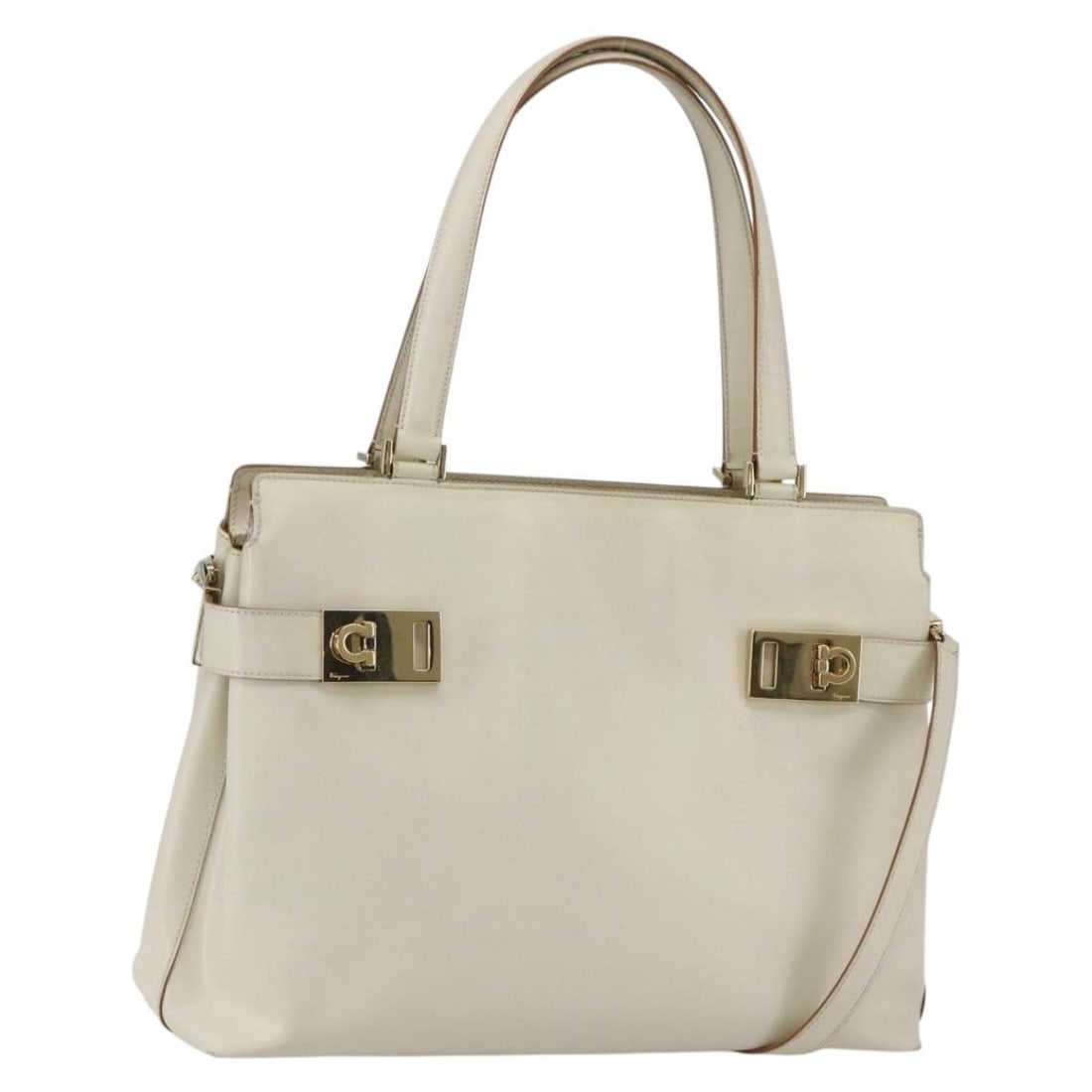 Ivory Leather Gancini Tote by Salvatore Ferragamo Gold Accent Italian Bag: Ivory Leather Gancini Tote by Salvatore Ferragamo Gold Accent Italian Bag This Salvatore Ferragamo Gancini tote bag is crafted from ivory leather with gold-tone accents. Designed in Italy, it features