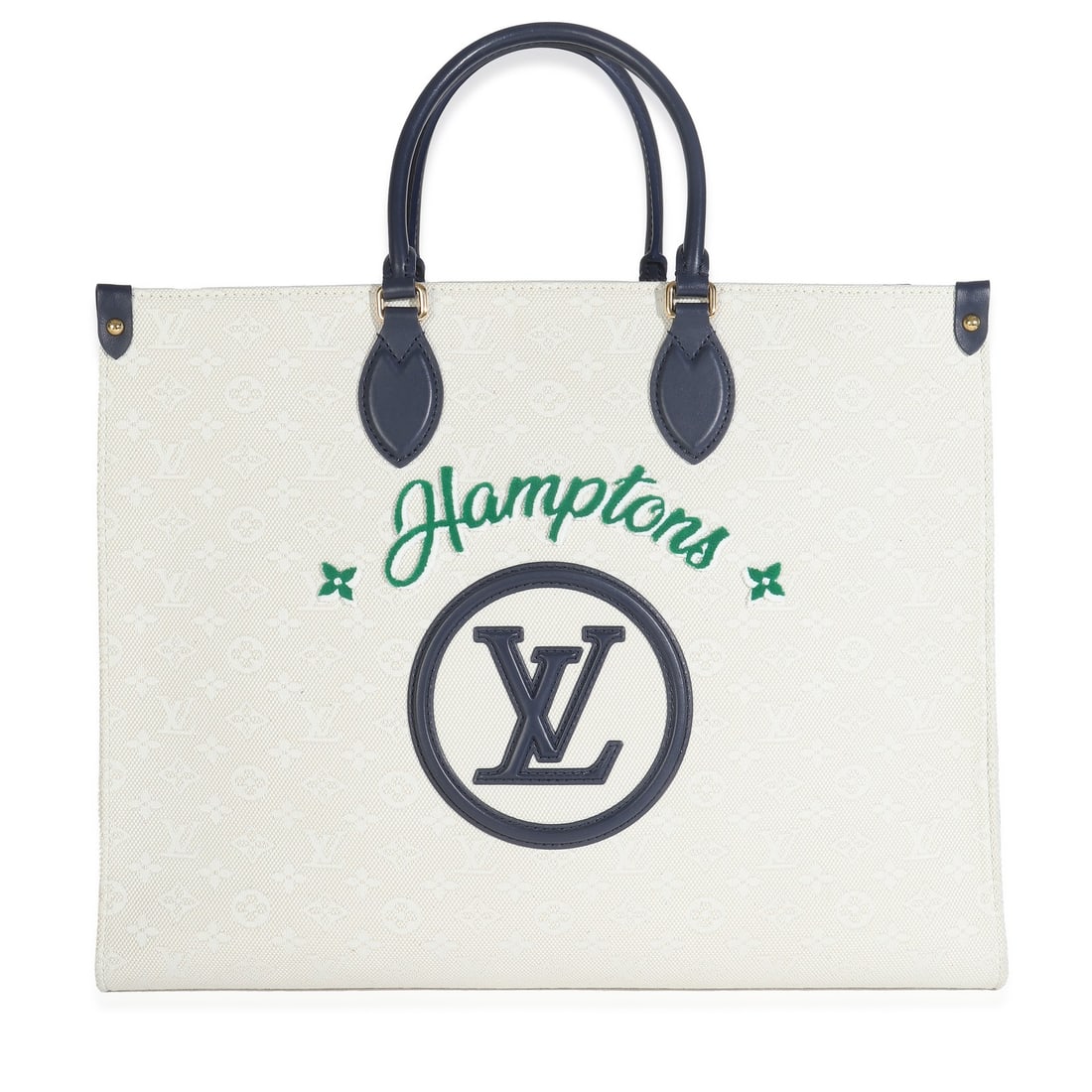 Onthego GM Tote in Blue and Beige Jacquard Canvas by Louis Vuitton: Onthego GM Tote in Blue and Beige Jacquard Canvas by Louis Vuitton This Louis Vuitton Onthego GM tote features a striking blue and beige jacquard canvas with embroidered tufted monogram detailing. The
