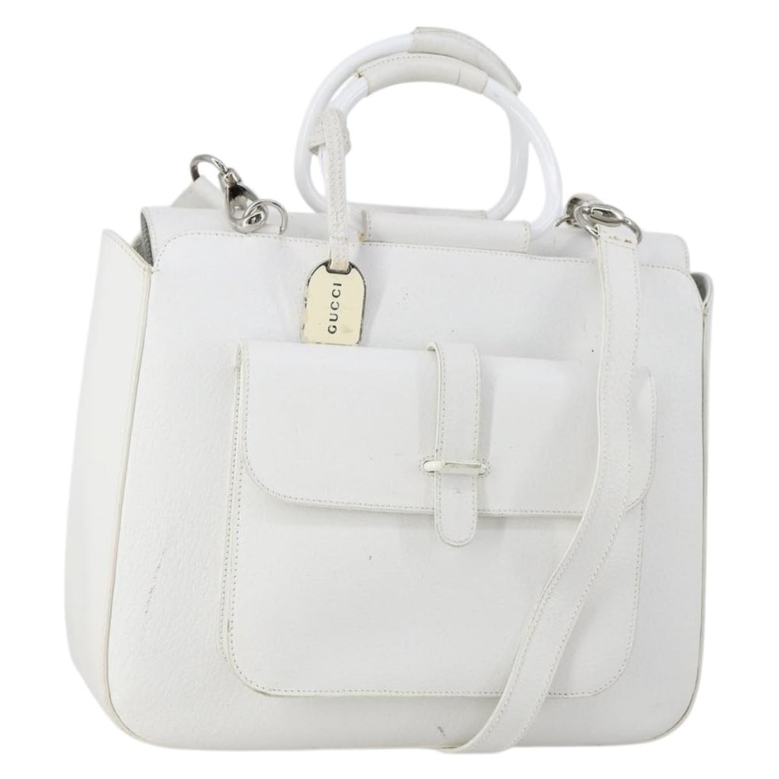 Gucci leather shoulder bag white silver with strap 000 2058 0307 5: Gucci leather shoulder bag white silver with strap 000 2058 0307 5 This GUCCI leather handbag features a versatile 2-way design in white and silver tones. Crafted in Italy, it is equipped with both a 