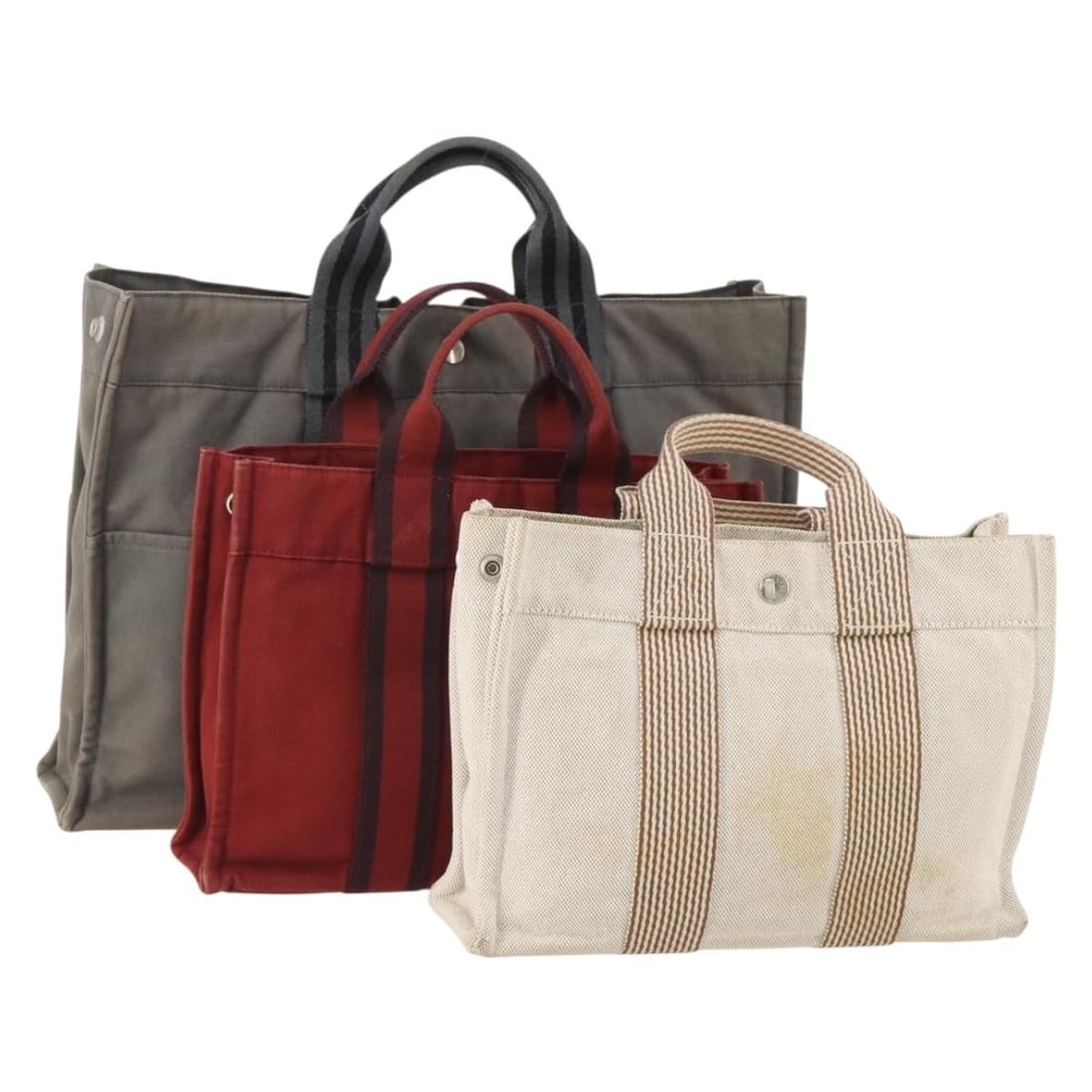 3 Piece Hermes Fourre Tout Cotton Handbag Set White Gray Red (1 of 18)