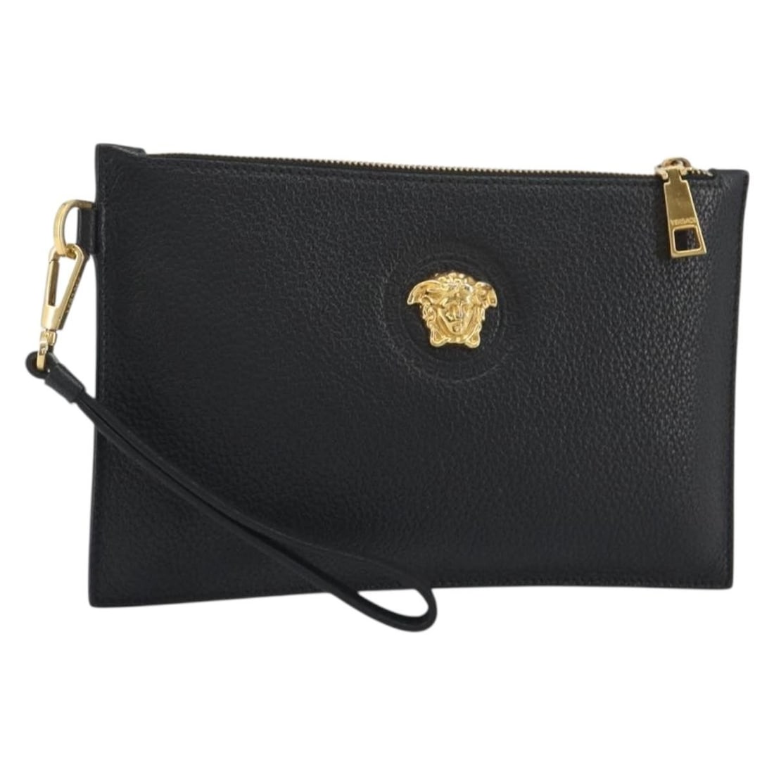 Black Gold Leather Clutch Bag Versace Made in Italy: Black Gold Leather Clutch Bag Versace Made in Italy Versace clutch bag in black and gold leather, made in Italy. It features a compact silhouette with the stated approximate dimensions and is offered 