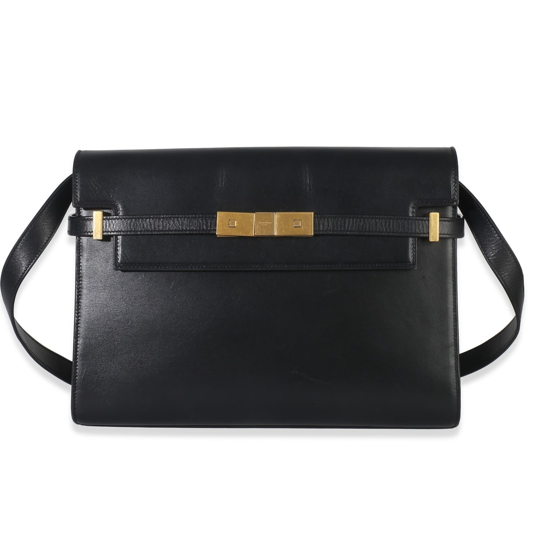 Saint Laurent Medium Manhattan Black Calfskin Leather Shoulder Bag: Saint Laurent Medium Manhattan Black Calfskin Leather Shoulder Bag Black calfskin shoulder bag in a medium size with a magnetic snap closure, leather lining, and gold-tone hardware. It comes with a ca