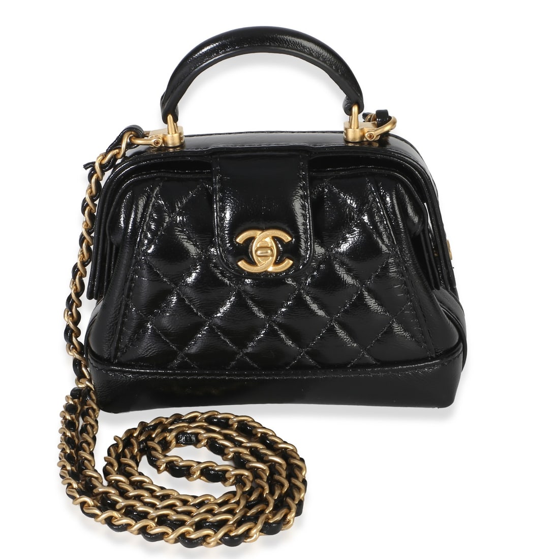 Chanel Cocodoc Nano Clutch With Chain Black Quilted Lambskin: Chanel Cocodoc Nano Clutch With Chain Black Quilted Lambskin Compact Chanel Nano Cocodoc Clutch With Chain in black quilted shiny lambskin leather. It features a magnetic snap closure, gold-tone hardw