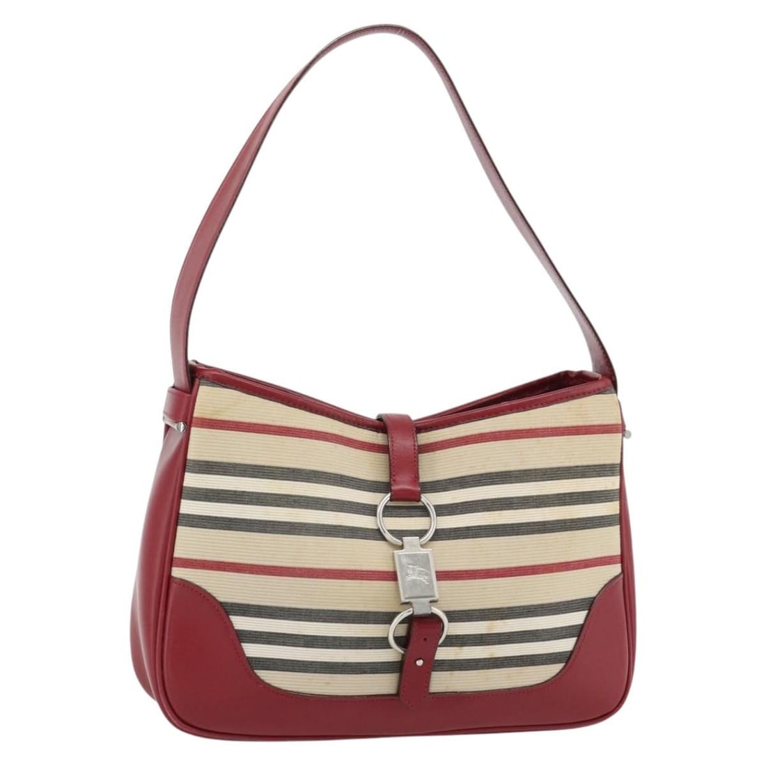 Burberry Blue Label Canvas Shoulder Bag Beige Silver Made in Japan: Burberry Blue Label Canvas Shoulder Bag Beige Silver Made in Japan Burberry Blue Label shoulder bag in beige and silver canvas, made in Japan. This pre-owned bag is described as heavily used, with vis