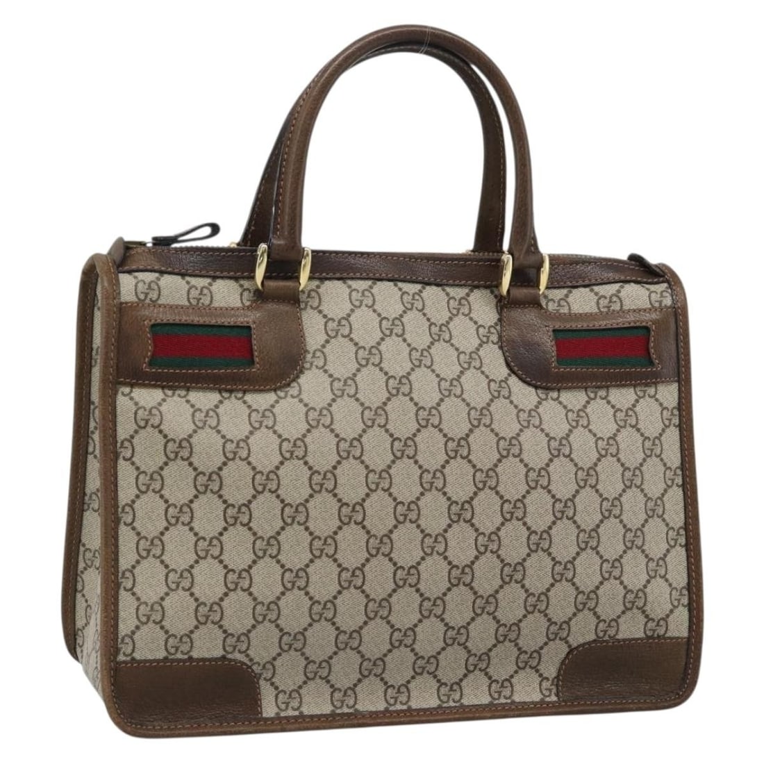 Gucci Sherry Line GG Supreme PVC Handbag Beige Gold: Gucci Sherry Line GG Supreme PVC Handbag Beige Gold Gucci GG Supreme Web Sherry Line hand bag in beige and gold, made from GG Canvas and made in Italy. The bag measures approximately W32cm x H25cm x D