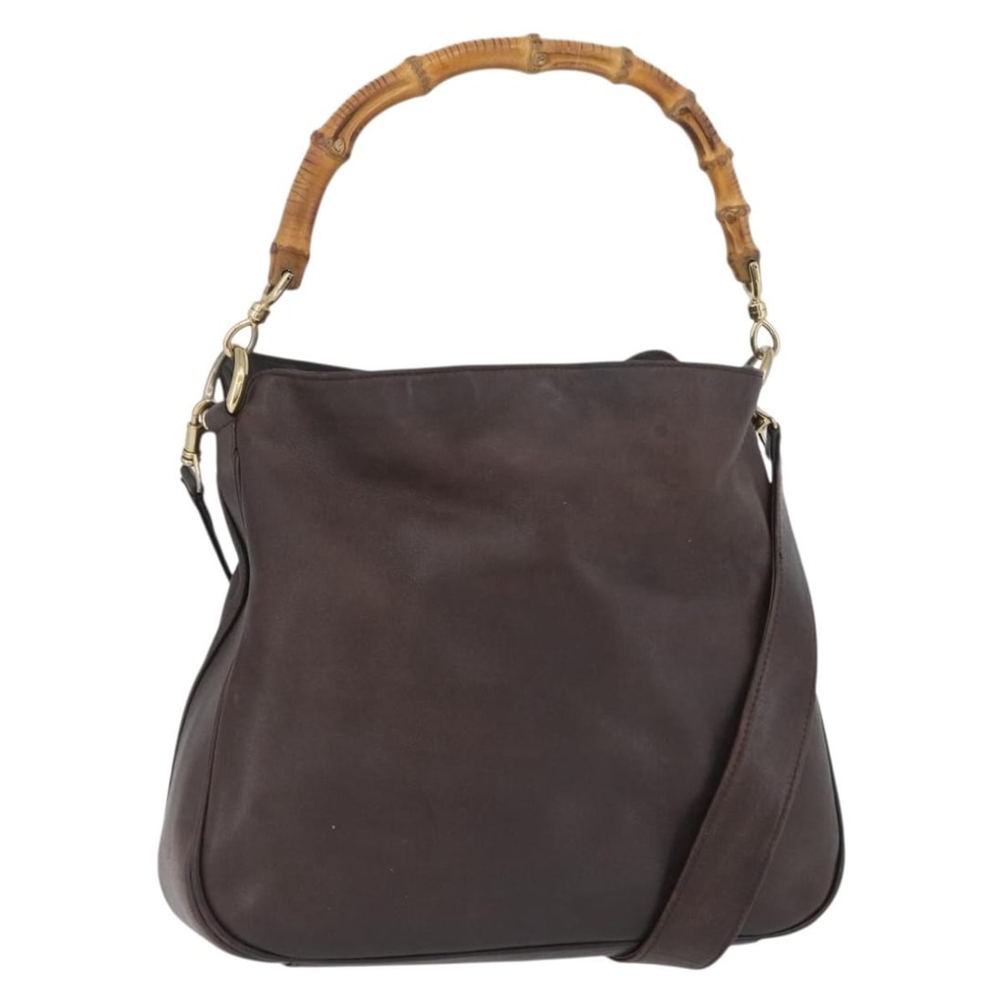 Gucci Brown Leather Bamboo Top Handle Shoulder Bag with Gold Accents 001 1638: Gucci Brown Leather Bamboo Top Handle Shoulder Bag with Gold Accents 001 1638 This is a Gucci Bamboo 2-way handbag crafted from brown leather with gold-tone accents. Designed for women, this handbag f