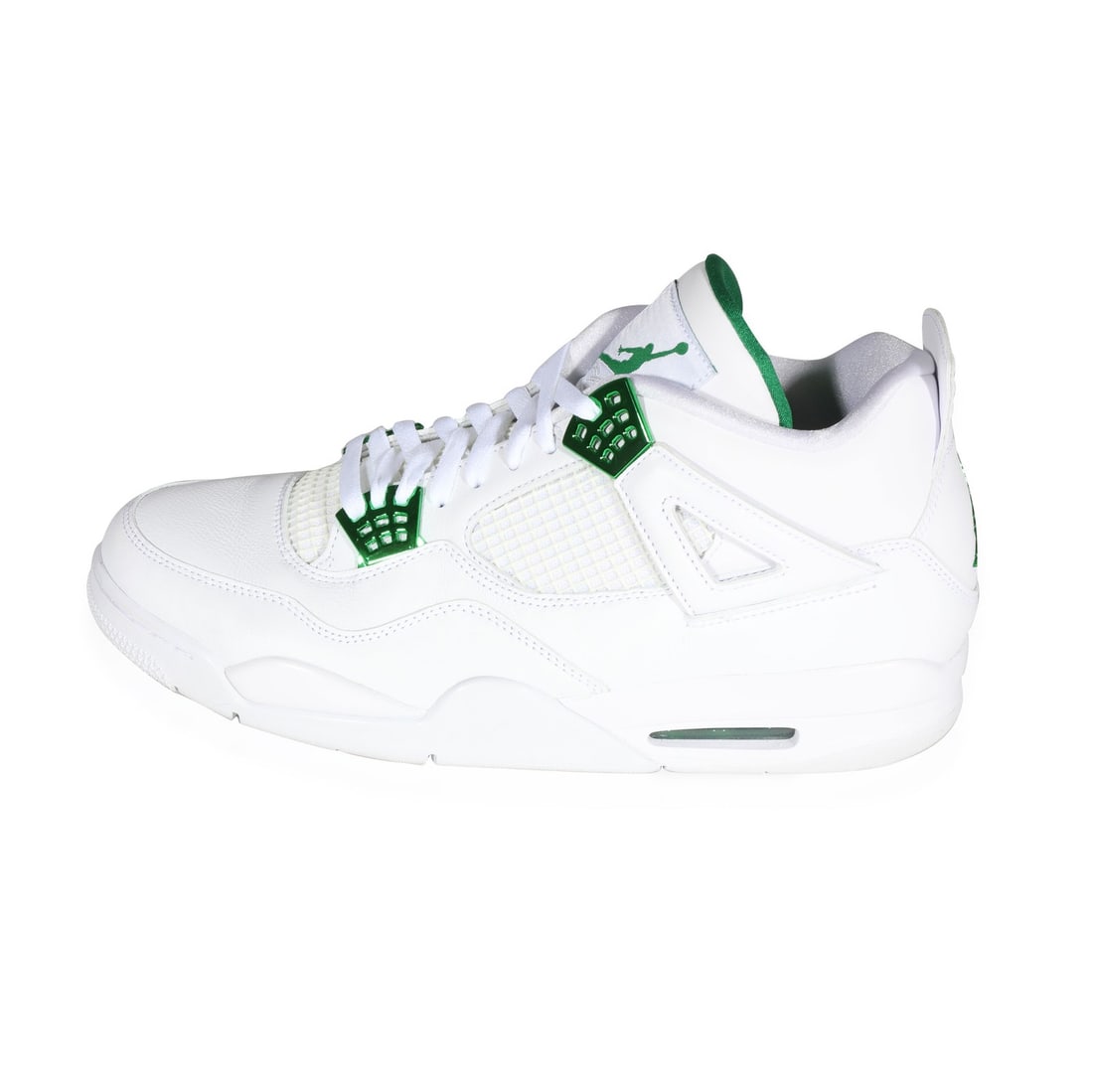 Men's Air Jordan 4 Retro Green Metallic Leather Basketball Sneakers with Box: Men's Air Jordan 4 Retro Green Metallic Leather Basketball Sneakers with Box The Air Jordan 4 Retro 'Green Metallic' men's sneakers feature a leather upper in green and white, designed for basketball 