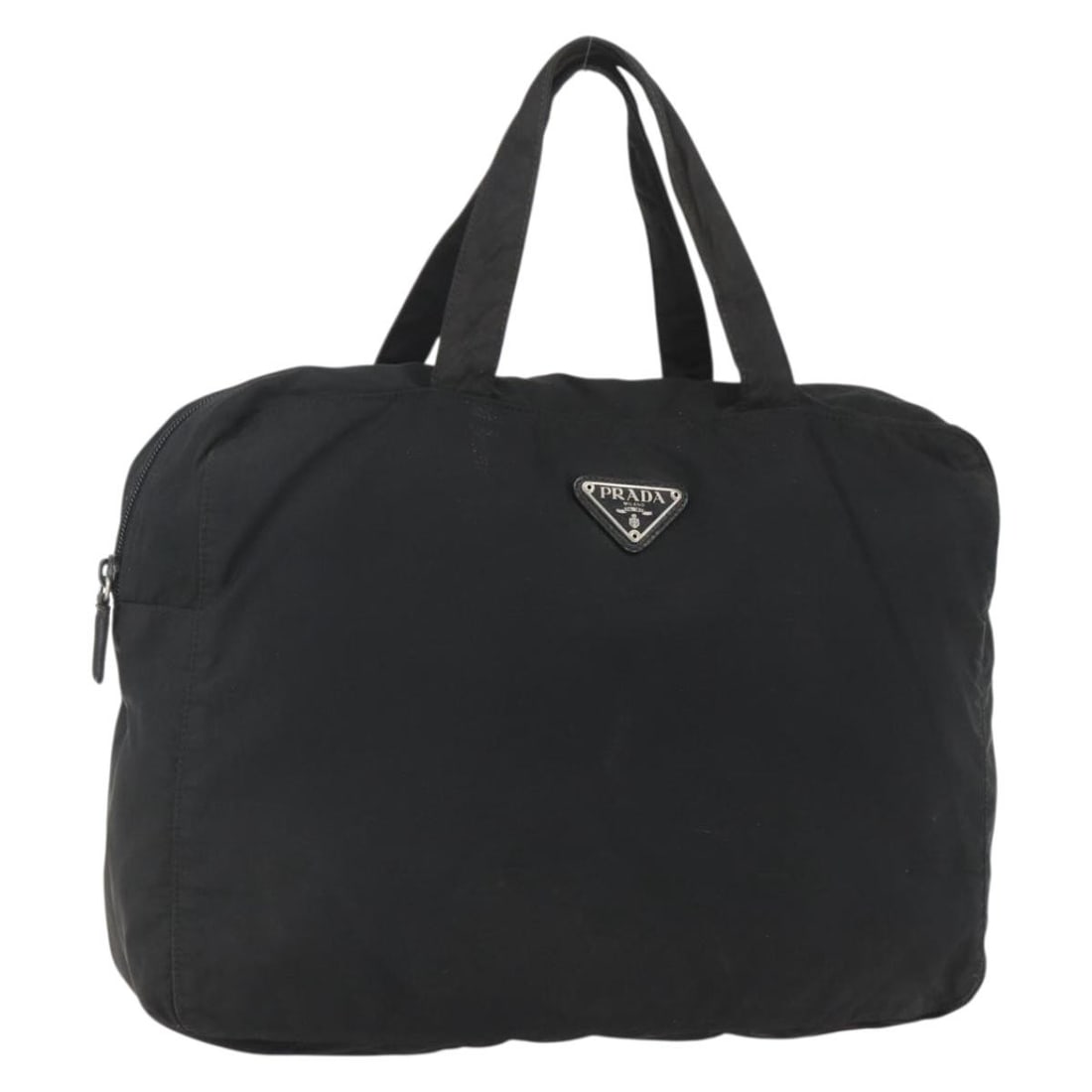 Prada black nylon tote bag Italy silver trim: Prada black nylon tote bag Italy silver trim This PRADA tote bag is crafted from black nylon with silver-tone accents. Designed for women, it features a spacious interior and practical handles. The ba
