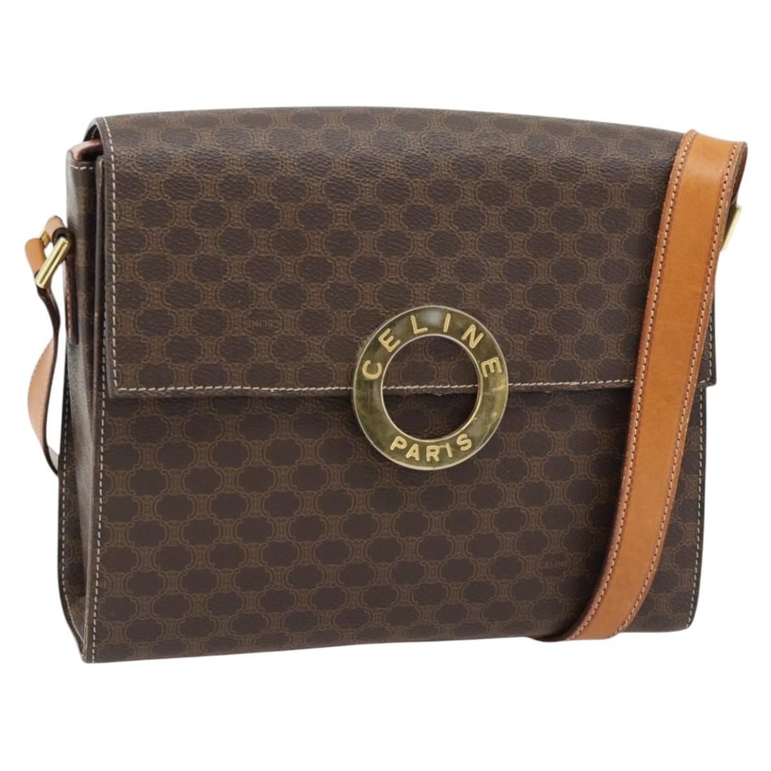 CELINE Macadam Circle Shoulder Bag Brown PVC Leather Gold Tone: CELINE Macadam Circle Shoulder Bag Brown PVC Leather Gold Tone This CELINE Macadam Canvas Circle Shoulder Bag is crafted from PVC leather and Macadam canvas in a brown and gold colorway. Made in Italy