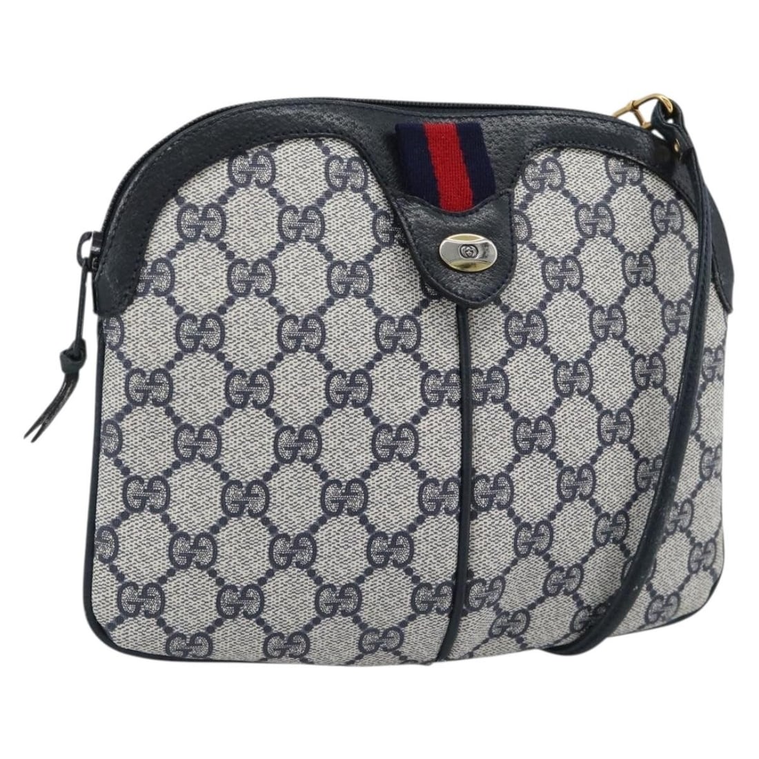 Gucci 68 02 047 GG Supreme Sherry Shoulder Bag Navy PVC Leather: Gucci 68 02 047 GG Supreme Sherry Shoulder Bag Navy PVC Leather Vintage Gucci GG Supreme Sherry Line shoulder bag in navy and gold PVC leather with GG canvas. This women's shoulder bag is made in Ital
