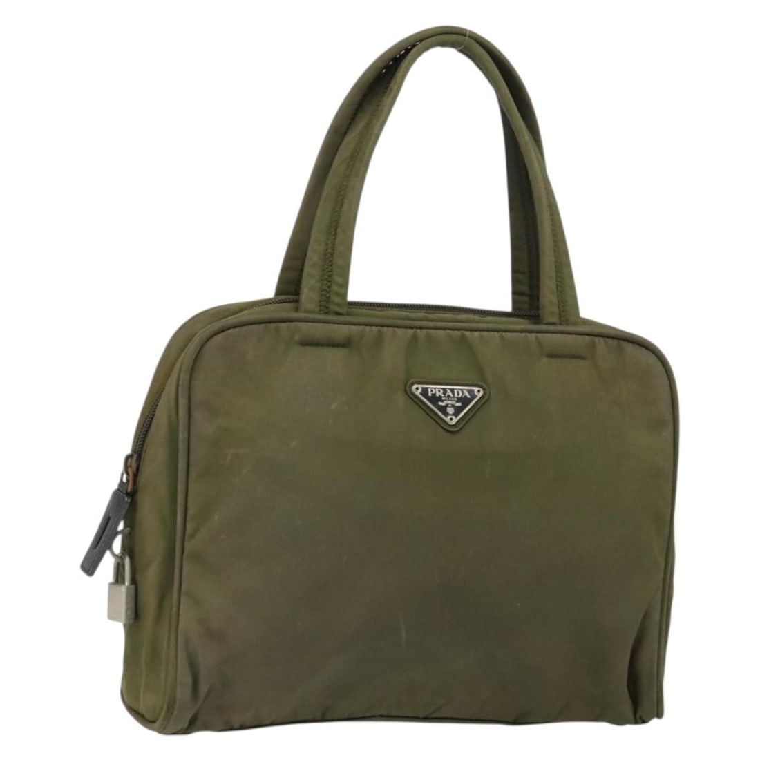 Prada Nylon Khaki Silver Handbag Italy Padlock Card: Prada Nylon Khaki Silver Handbag Italy Padlock Card This PRADA hand bag is crafted from durable nylon in a khaki and silver color scheme. Designed for women, it features a practical size with ample sp