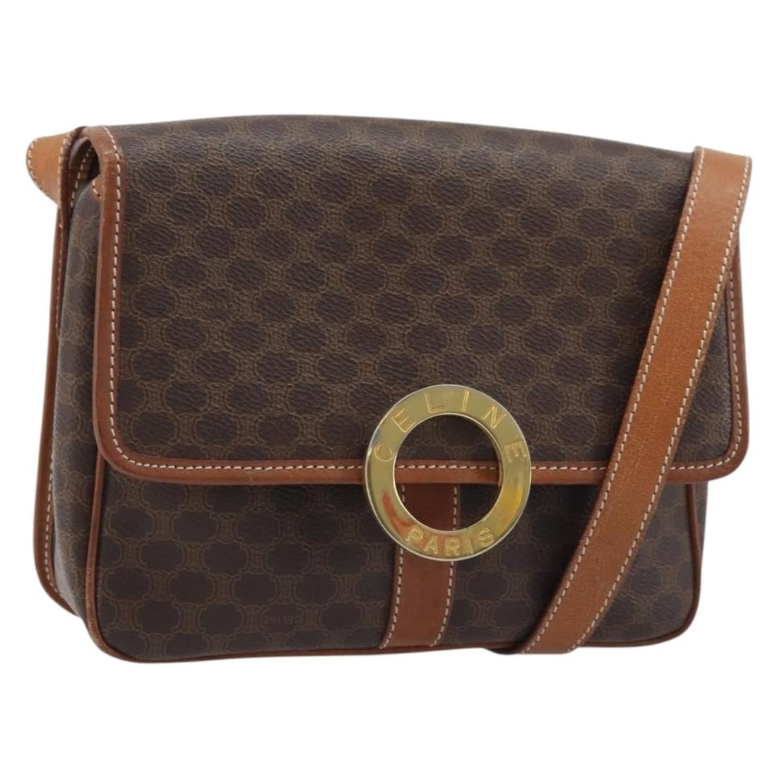 Celine Macadam Canvas and PVC Leather Brown Gold Shoulder Bag for Women: Celine Macadam Canvas and PVC Leather Brown Gold Shoulder Bag for Women This CELINE Macadam shoulder bag features a brown and gold PVC leather exterior with the signature Macadam canvas pattern. Desig