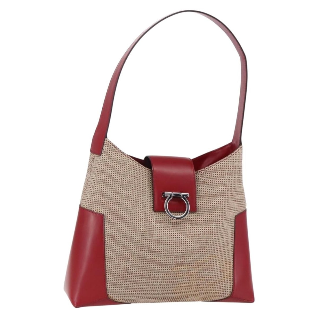 Salvatore Ferragamo Gancini beige silver canvas shoulder bag: Salvatore Ferragamo Gancini beige silver canvas shoulder bag This Salvatore Ferragamo Gancini shoulder bag is crafted from beige and silver canvas. Designed for women, it features a shoulder strap wit