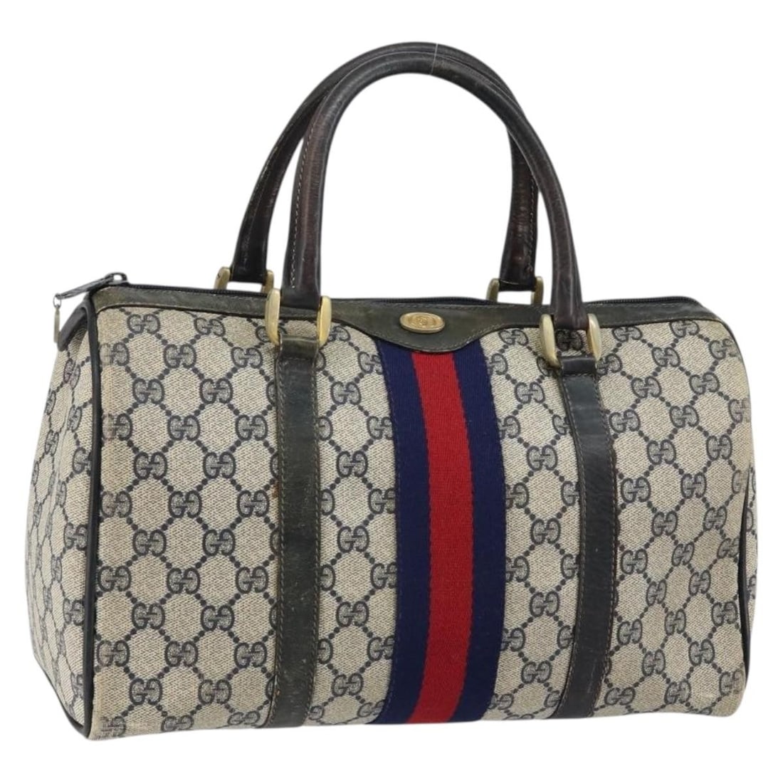 Gucci Sherry Line GG Supreme Boston Bag Navy Gold PVC Leather: Gucci Sherry Line GG Supreme Boston Bag Navy Gold PVC Leather A Gucci GG Supreme Sherry Line Boston Bag in navy and gold, made from PVC leather and GG canvas. It is made in Italy and features the list