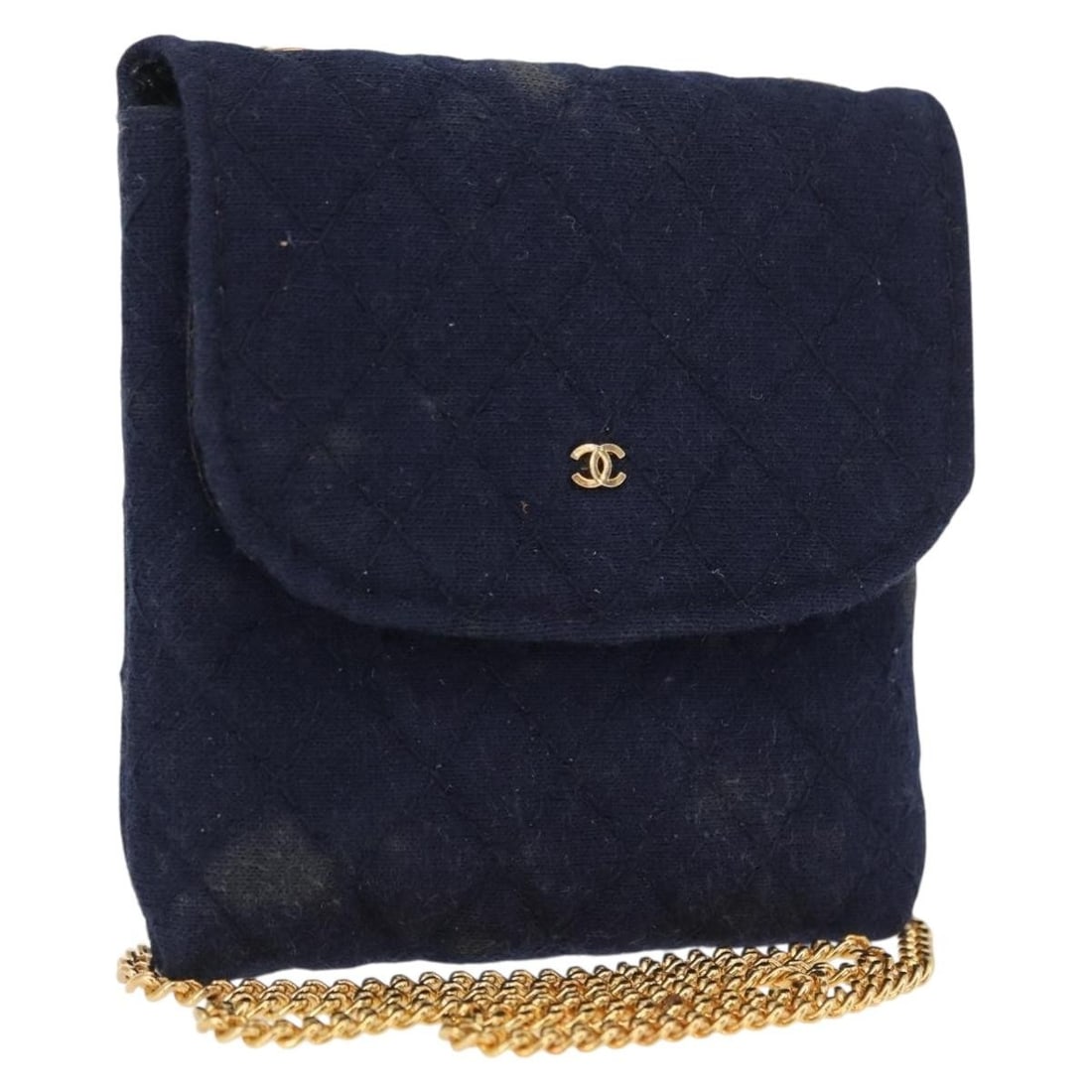 CHANEL Mini Matelasse Cotton Chain Pouch Navy Gold CC: CHANEL Mini Matelasse Cotton Chain Pouch Navy Gold CC A CHANEL Mini Matelasse Chain Pouch in navy and gold, made from cotton and crafted in France. This women's pouch measures approximately 8 cm x 8 c