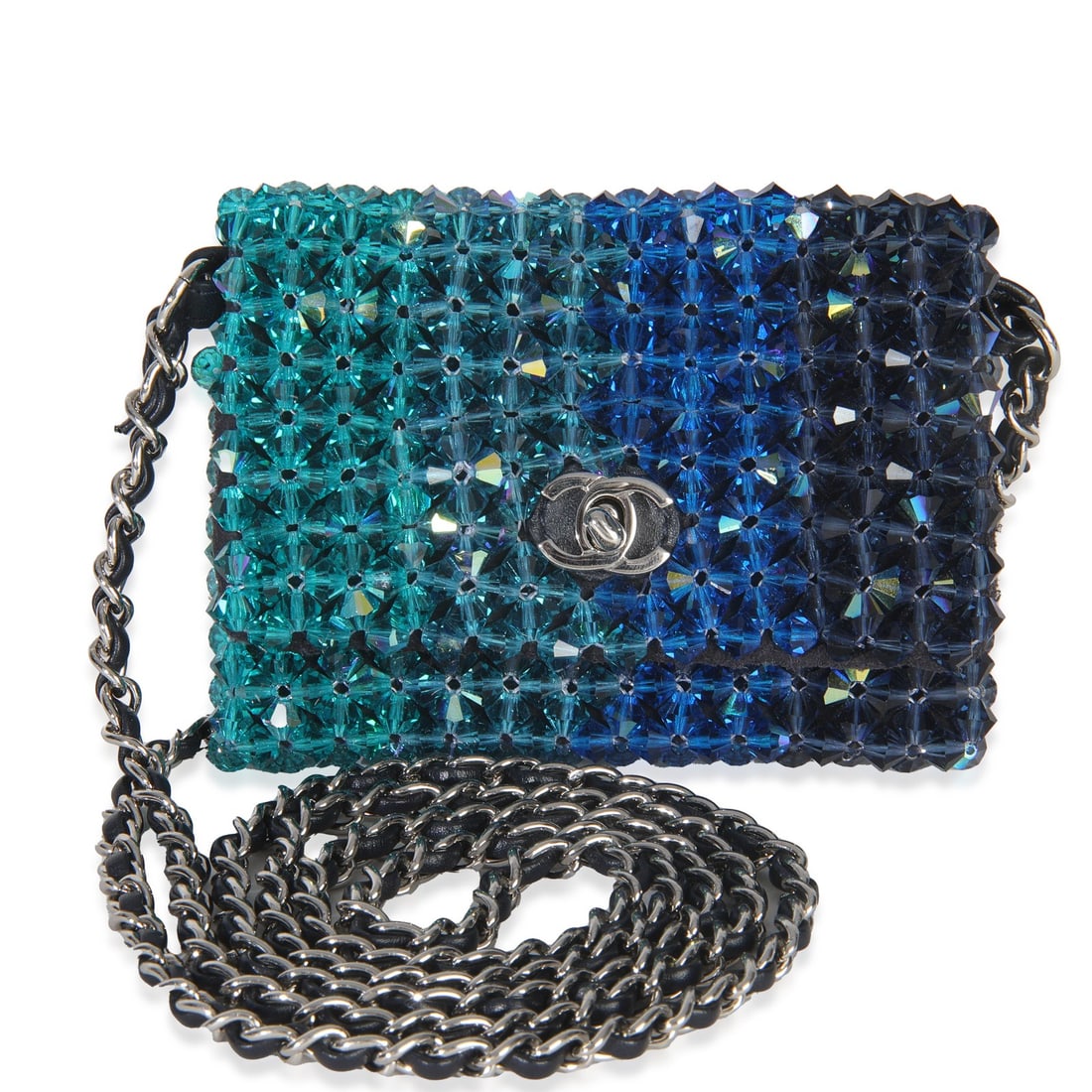 Chanel Micro Blue Ombre Beaded Clutch Shoulder Bag with Chain: Chanel Micro Blue Ombre Beaded Clutch Shoulder Bag with Chain This Chanel Blue Ombre Beaded Micro Clutch On Chain features an embellished blue exterior with silver-tone hardware and a turnlock closure