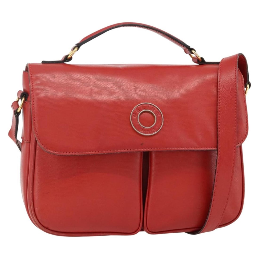 CELINE Circle 2way Leather Handbag Red with Shoulder Strap: CELINE Circle 2way Leather Handbag Red with Shoulder Strap CELINE circle hand bag in leather with a red and gold exterior. This 2-way style includes a shoulder strap and is made in Italy. The bag is a
