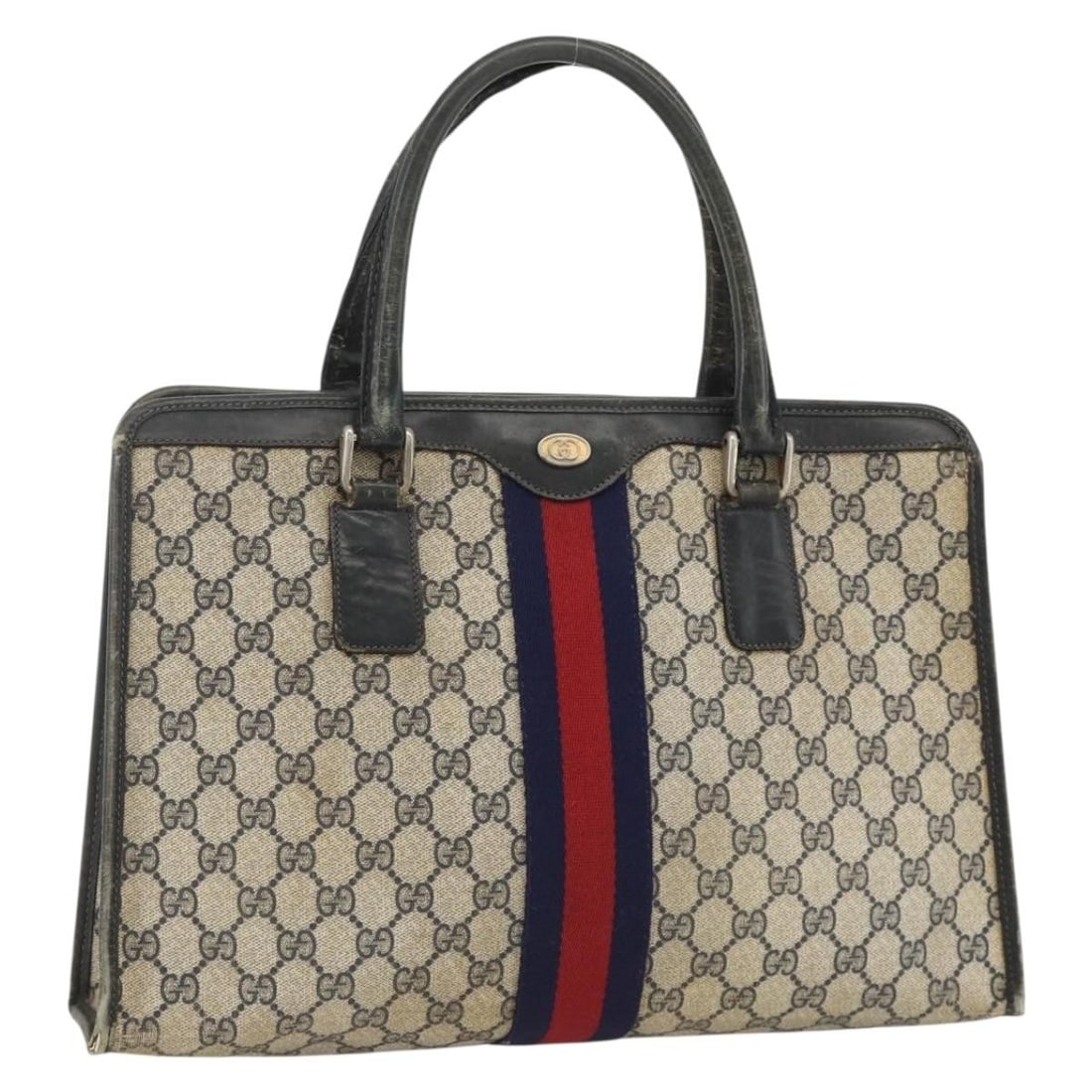 Gucci Sherry Line Navy Gold PVC Handbag 010 378: Gucci Sherry Line Navy Gold PVC Handbag 010 378 This is a Gucci GG Supreme Sherry Line handbag crafted from navy and gold PVC leather with GG canvas accents. Designed for women, the bag features a str