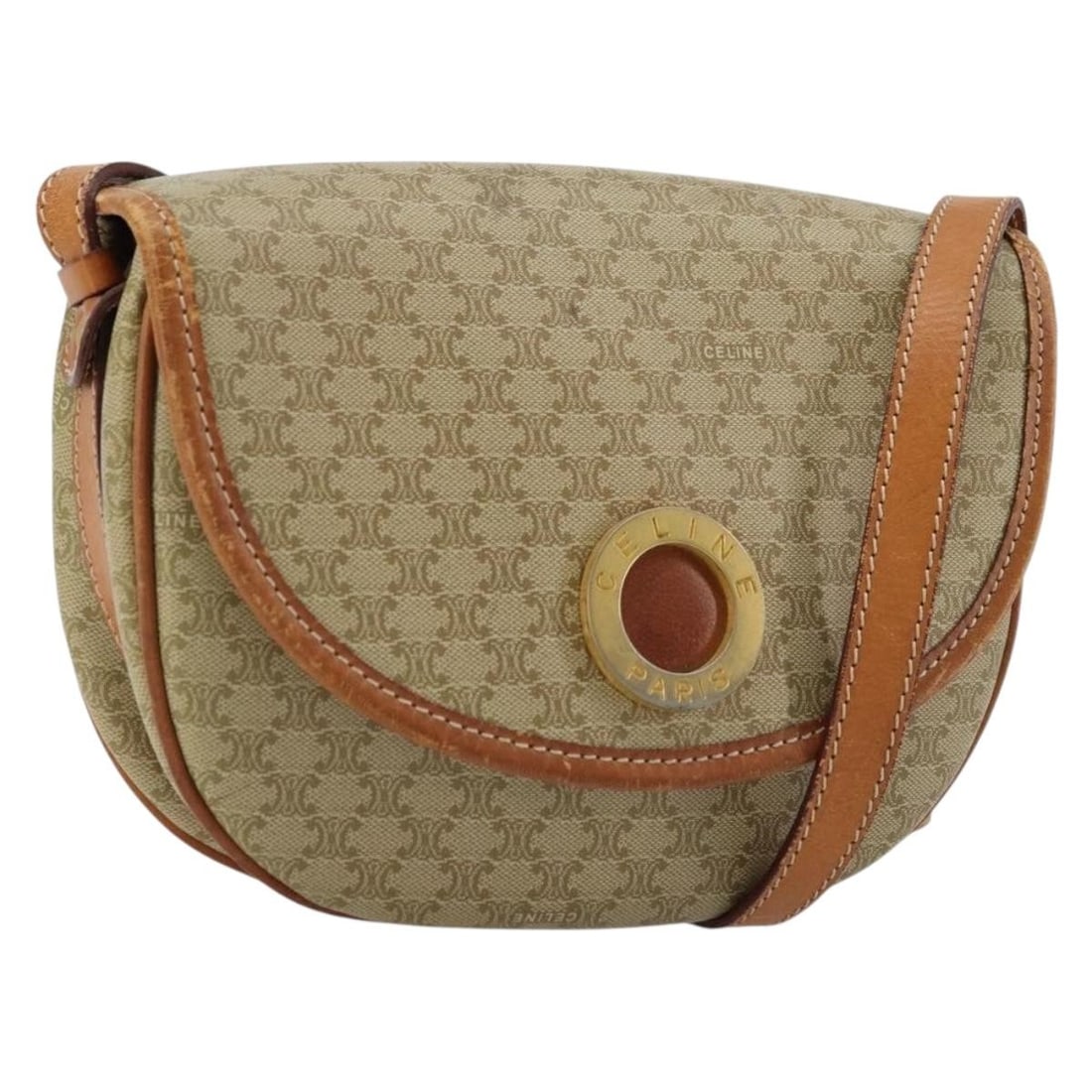 CELINE Macadam Shoulder Bag Beige PVC Leather Gold Tone: CELINE Macadam Shoulder Bag Beige PVC Leather Gold Tone CELINE shoulder bag in PVC leather and Macadam canvas, made in Italy. It features a beige and gold color scheme with a shoulder strap drop of ap