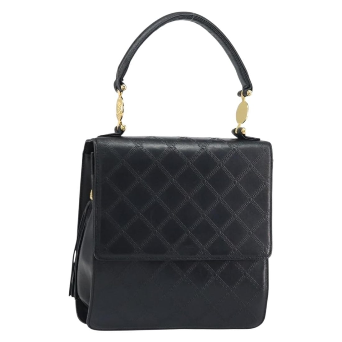 VERSACE Black Gold Leather Hand Bag with Dust Bag: VERSACE Black Gold Leather Hand Bag with Dust Bag This authentic VERSACE hand bag showcases a chic design crafted from high-quality leather in a striking black and gold color combination. With a heigh