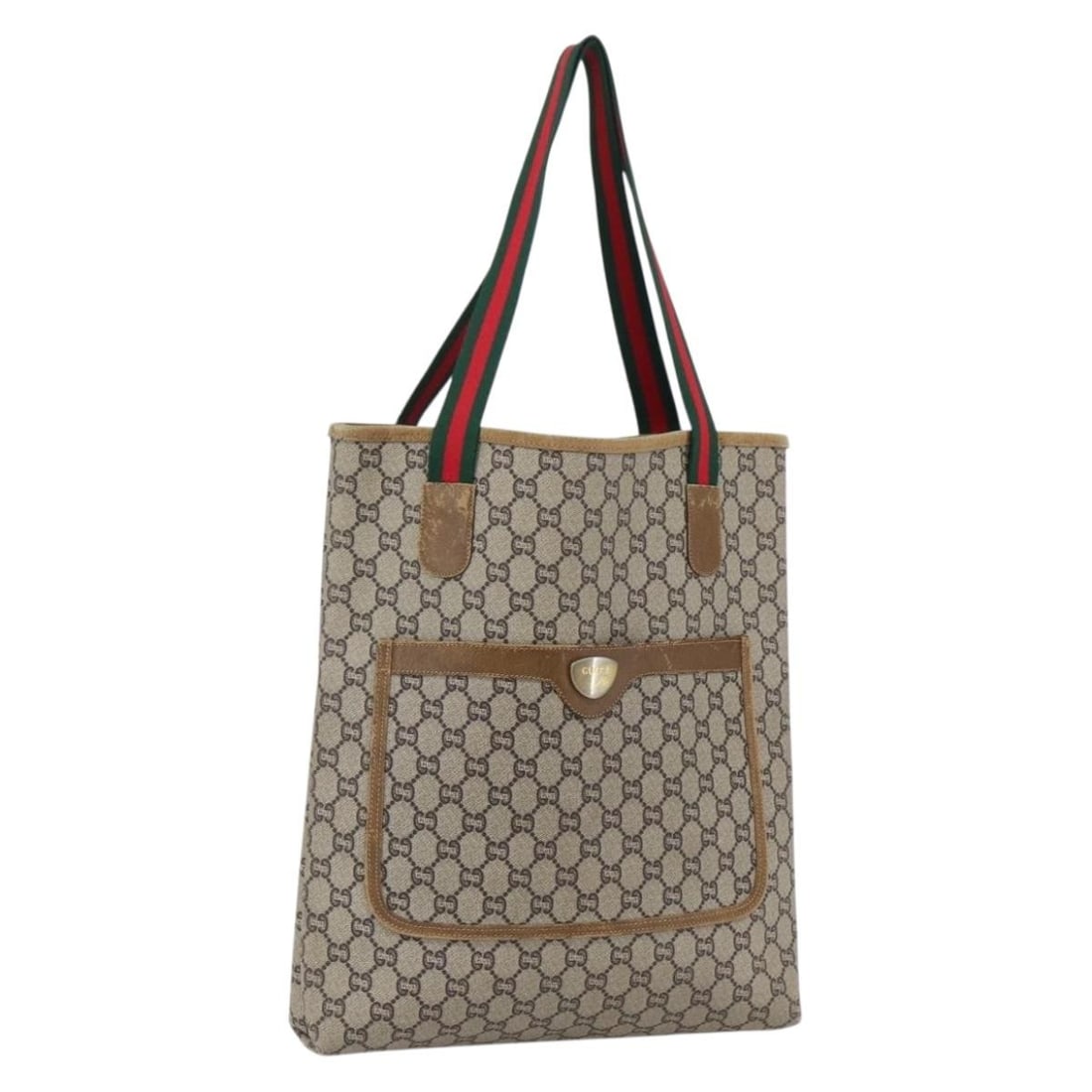 Beige PVC GG Supreme Web Tote by Gucci for Women: Beige PVC GG Supreme Web Tote by Gucci for Women This is a Gucci GG Plus Supreme Web Sherry Line tote bag crafted from beige and gold PVC leather with GG canvas accents. Designed for women, this Itali