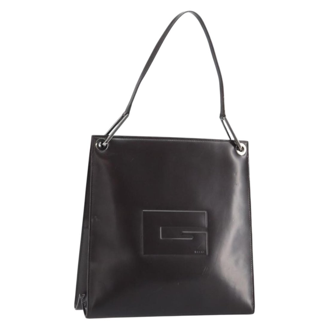 Gucci Enamel Black Silver Shoulder Bag 001 1013 3037: Gucci Enamel Black Silver Shoulder Bag 001 1013 3037 This GUCCI shoulder bag features a black and silver enamel exterior and is crafted in Italy. The bag measures approximately 11 inches in height, 11