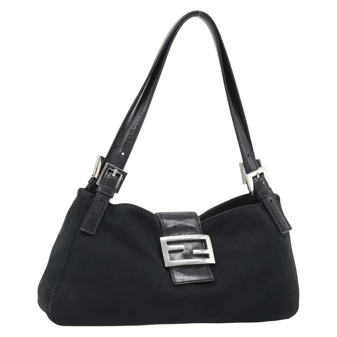 FENDI Mamma Baguette Cotton Jersey Black Silver Shoulder Bag: FENDI Mamma Baguette Cotton Jersey Black Silver Shoulder Bag This FENDI Mamma Baguette shoulder bag is crafted from black and silver cotton jersey and features a classic silhouette. The bag is designe
