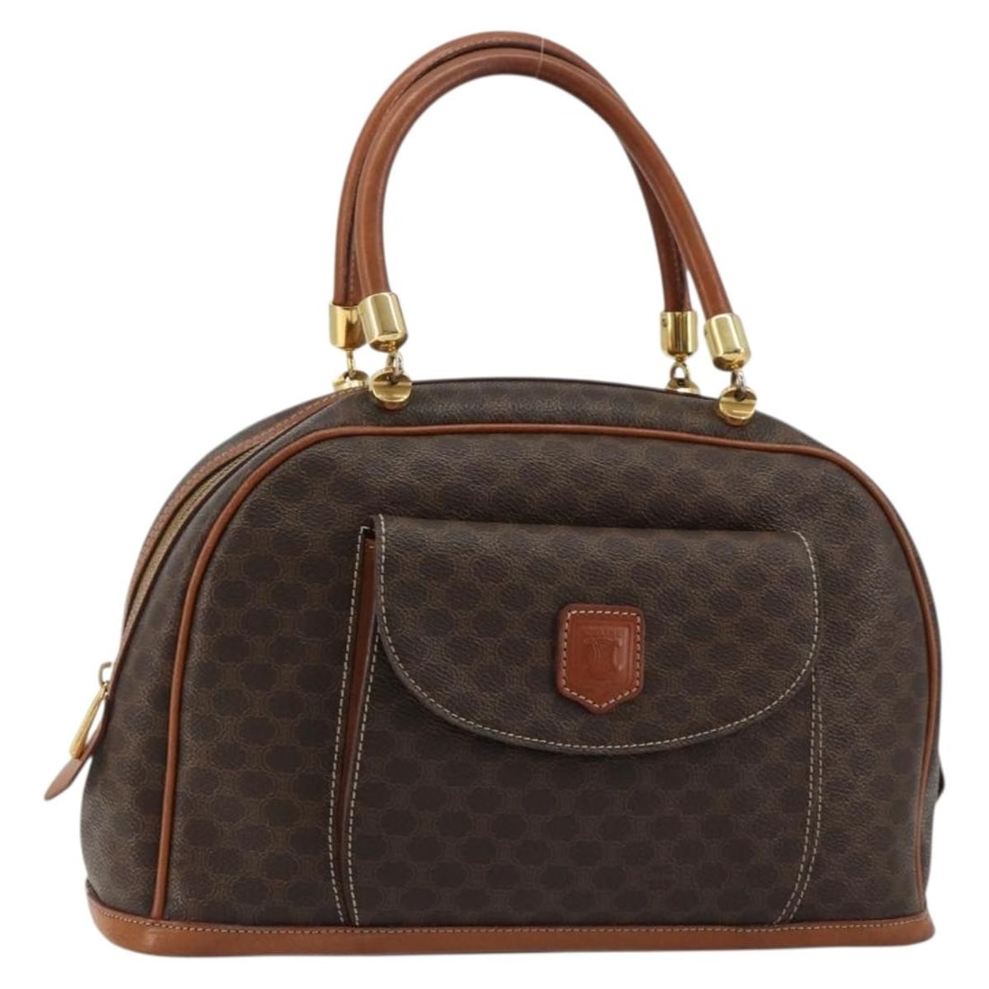 Celine Macadam Canvas PVC Leather Handbag Gold Brown Italy: Celine Macadam Canvas PVC Leather Handbag Gold Brown Italy CELINE Macadam Canvas Hand Bag in gold and brown PVC leather and Macadam canvas. Made in Italy, this handbag features a structured style with