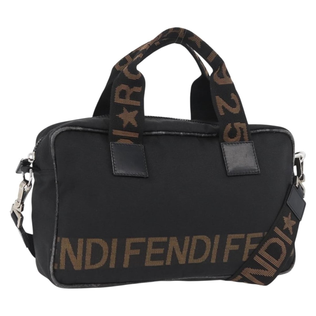 Fendi Black Nylon 2way Handbag with Silver Accents and Shoulder Strap: Fendi Black Nylon 2way Handbag with Silver Accents and Shoulder Strap This FENDI 2-way handbag for women features a black and silver nylon exterior with silver-tone hardware. The bag can be carried by
