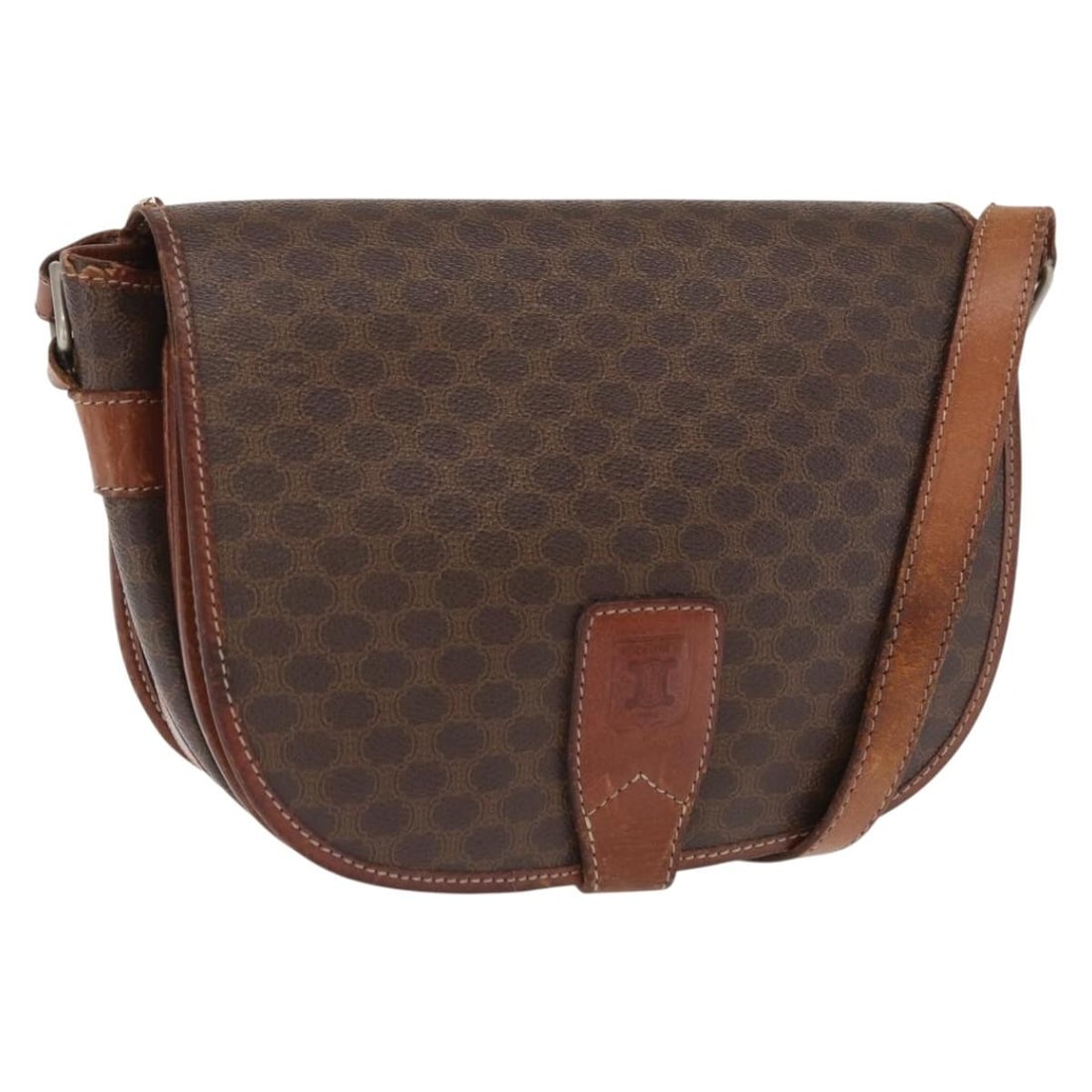 Celine Brown Macadam PVC Leather Shoulder Bag Gold Accents: Celine Brown Macadam PVC Leather Shoulder Bag Gold Accents This CELINE shoulder bag features the classic Macadam canvas and PVC leather in brown and gold tones. Made in Italy, it offers a timeless des