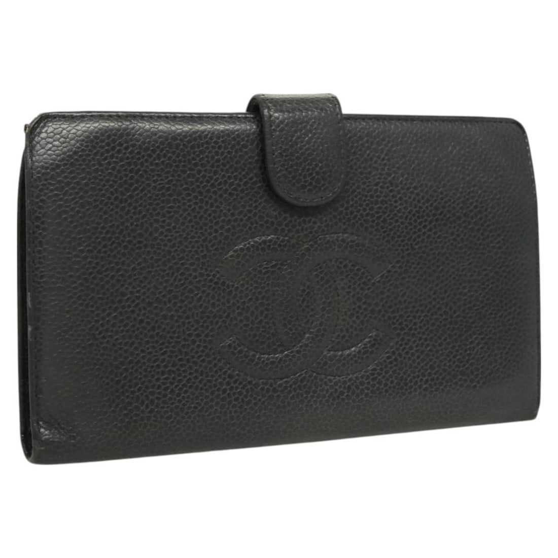 CHANEL Caviar Skin Long Wallet Black with Gold CC: CHANEL Caviar Skin Long Wallet Black with Gold CC Chanel long wallet in black grained calfskin with a gold-tone CC design. Made in France, this women's wallet is a heavily used piece with visible wear