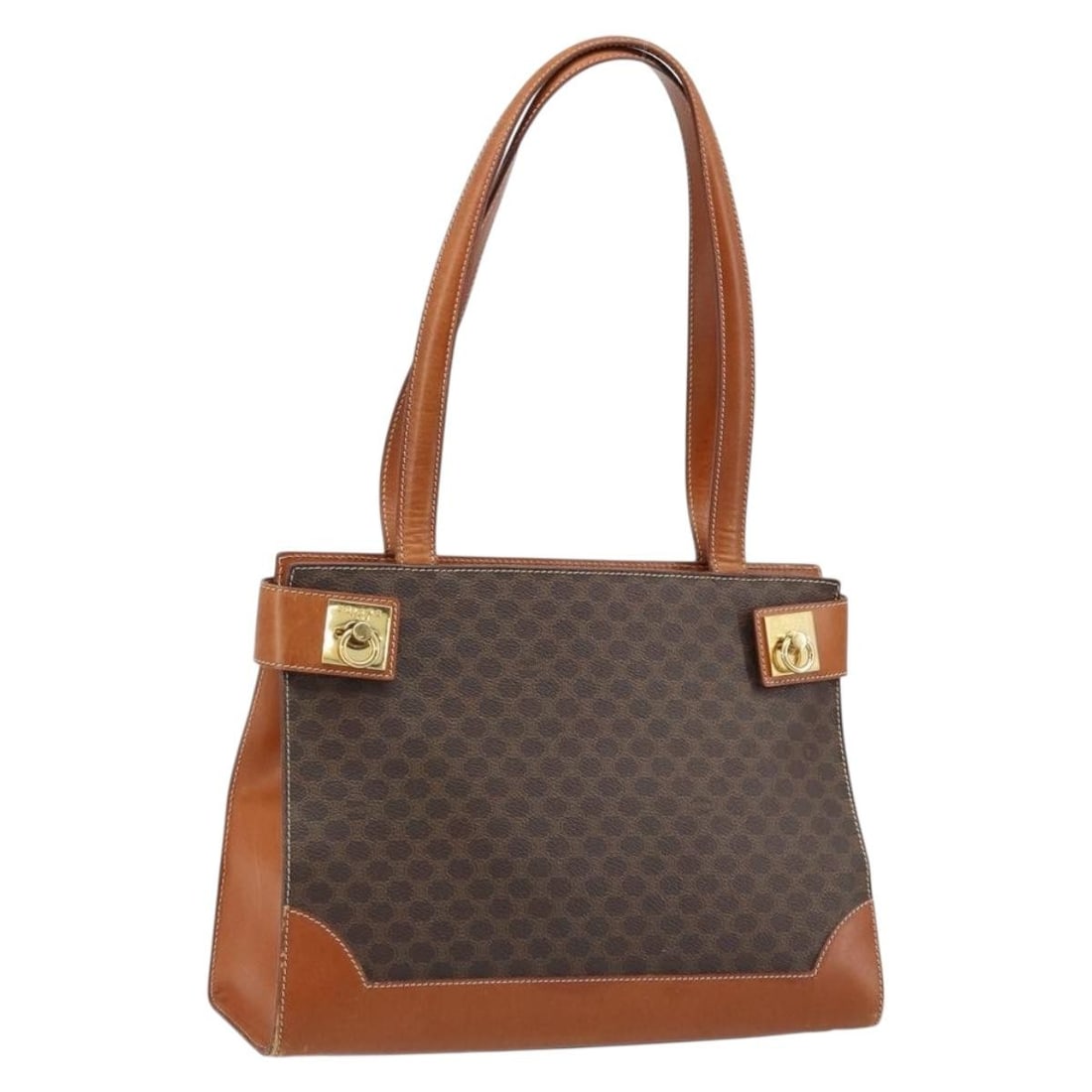 CELINE Macadam Canvas and PVC Leather Tote in Brown Gold: CELINE Macadam Canvas and PVC Leather Tote in Brown Gold Celine Macadam canvas tote bag in brown with PVC leather trim and gold-tone color detailing. Made in Italy, this women's tote is offered withou