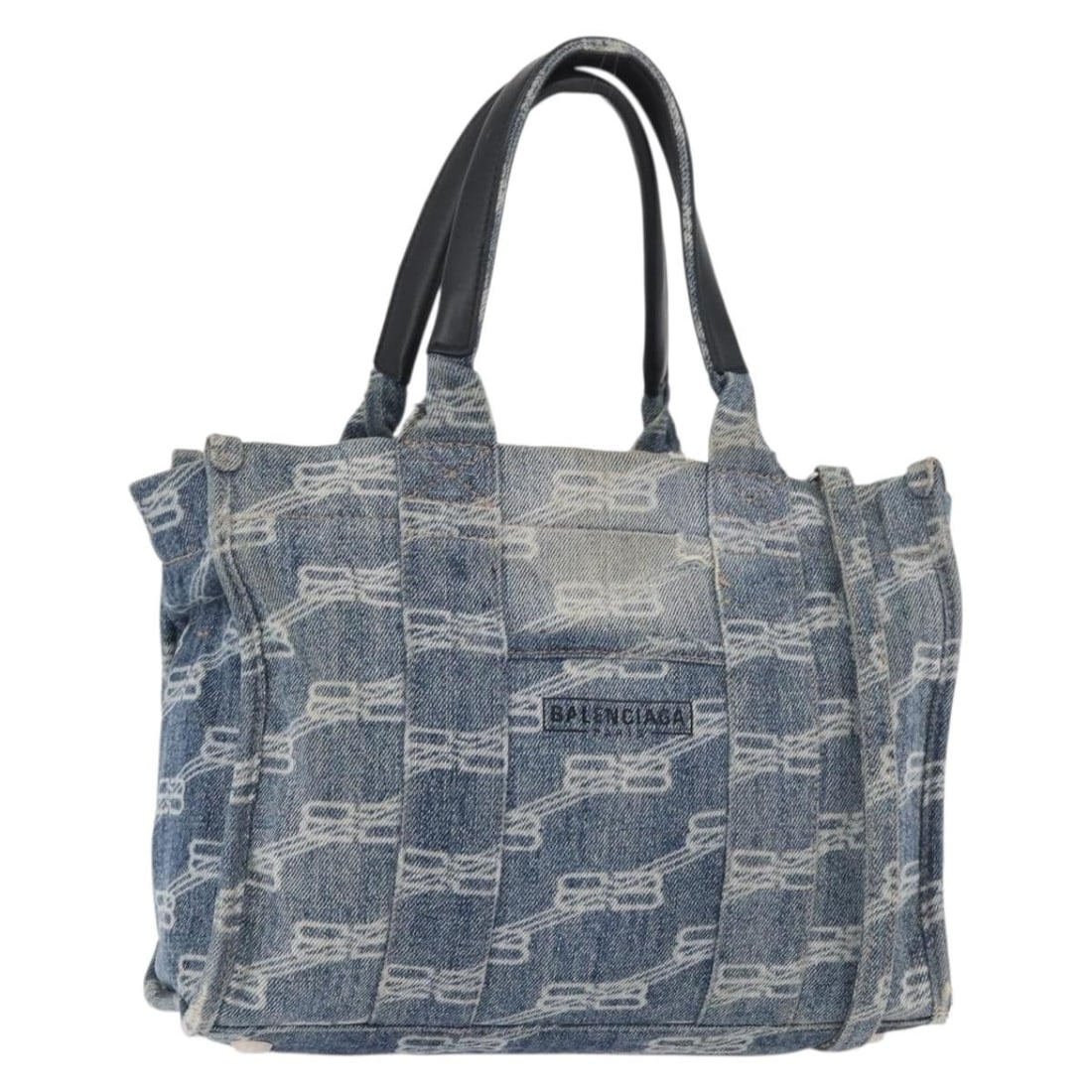 BALENCIAGA 671402 Blue Canvas 2way Handbag with Shoulder Strap: BALENCIAGA 671402 Blue Canvas 2way Handbag with Shoulder Strap Balenciaga 2-way handbag in blue and silver canvas with dual carry options using the top handles or the included shoulder strap. Made in 