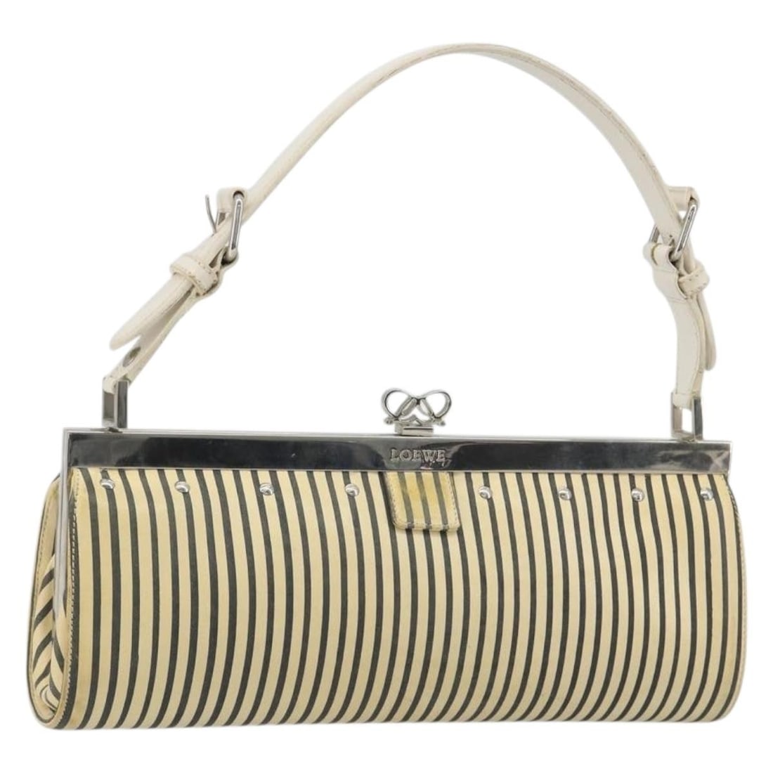 LOEWE White Silver Leather Shoulder Bag Made in Spain: LOEWE White Silver Leather Shoulder Bag Made in Spain A LOEWE women's shoulder bag crafted in leather with a white and silver colorway. Made in Spain, it measures approximately 31 cm wide, 13 cm high,
