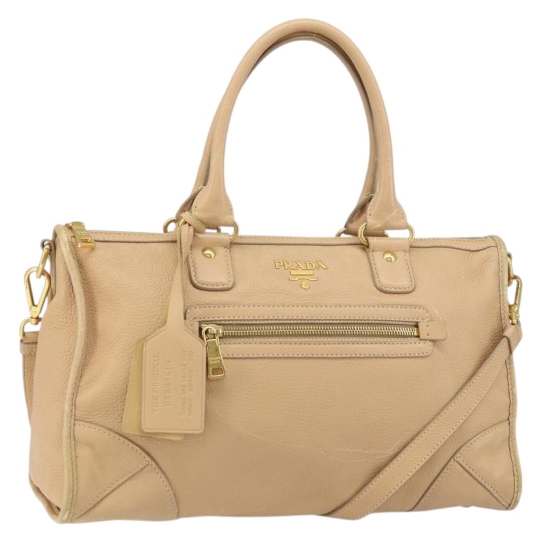PRADA 2way Leather Handbag Beige Gold with Shoulder Strap: PRADA 2way Leather Handbag Beige Gold with Shoulder Strap PRADA hand bag in beige and gold leather, made in Italy. This 2-way style comes with a shoulder strap and is designed for women. The bag shows