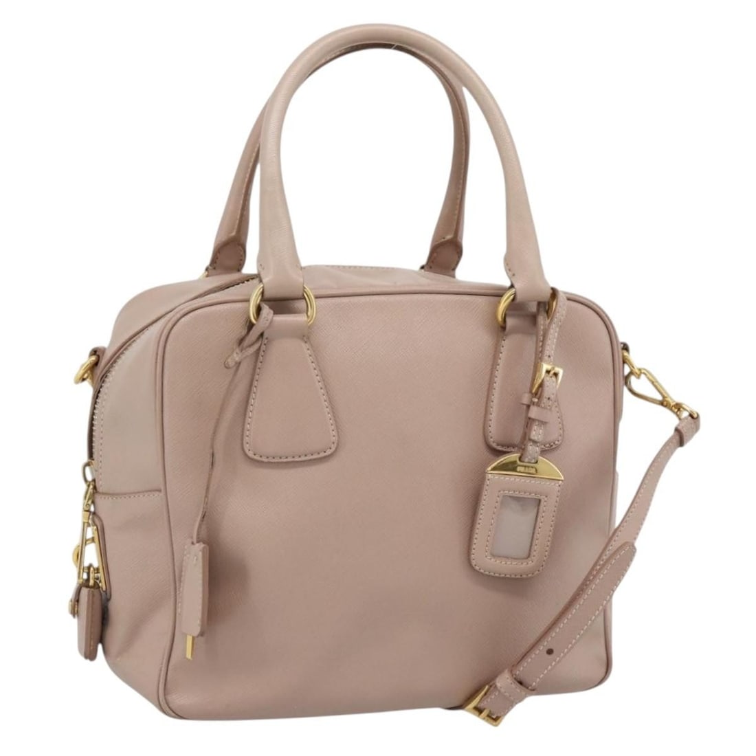 PRADA Saffiano Leather 2 Way Handbag Pink Gold Padlock Strap: PRADA Saffiano Leather 2 Way Handbag Pink Gold Padlock Strap PRADA handbag in pink and gold Saffiano leather, designed as a 2-way style with a shoulder strap. It was made in Italy and comes with the l