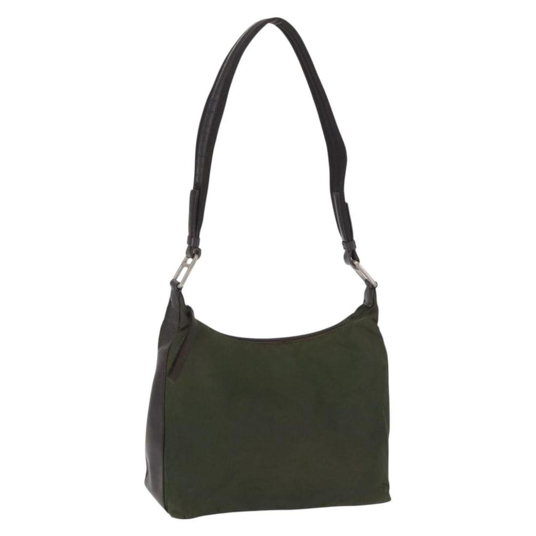Prada khaki nylon women shoulder bag Italy silver trim: Prada khaki nylon women shoulder bag Italy silver trim This PRADA shoulder bag features a khaki nylon exterior with silver-tone accents. Designed for women, it offers a practical and stylish option fo