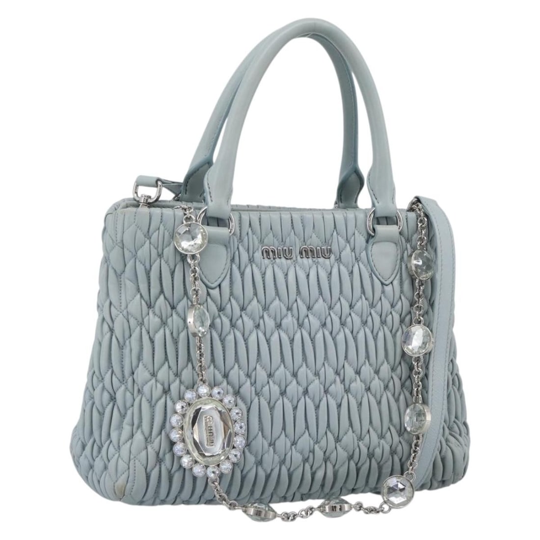 Miu Miu Matelasse Leather 2way Shoulder Bag Silver Light Blue: Miu Miu Matelasse Leather 2way Shoulder Bag Silver Light Blue Miu Miu Matelasse Chain Shoulder Bag in leather with a 2-way design and silver/light blue colorway. Made in Italy, this women's shoulder b
