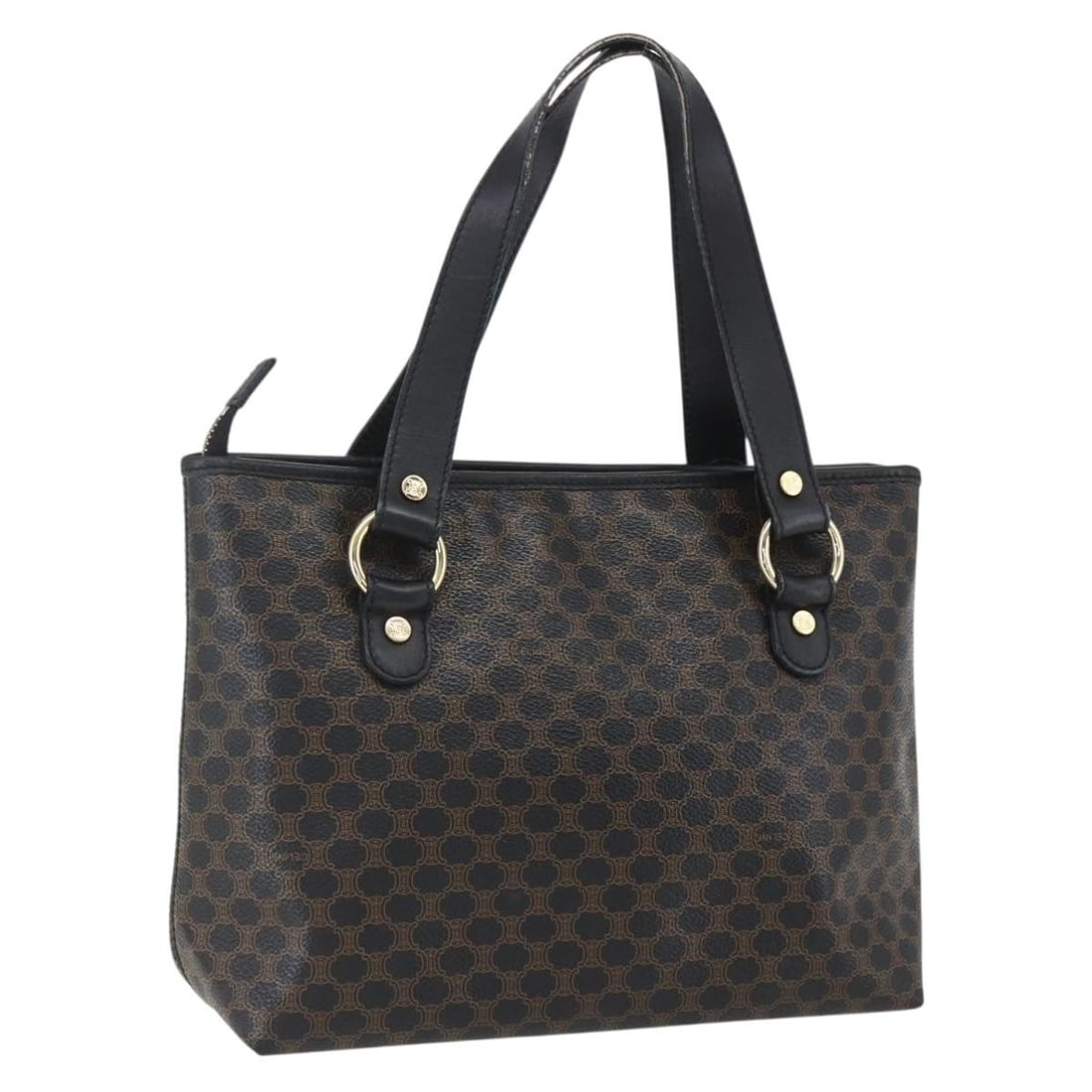 Celine Macadam Canvas PVC Leather Handbag Black Gold Italy: Celine Macadam Canvas PVC Leather Handbag Black Gold Italy A CELINE hand bag in black and gold, made from PVC leather and Macadam canvas. It is an Italy-made piece with a serial number of CE00/35. The
