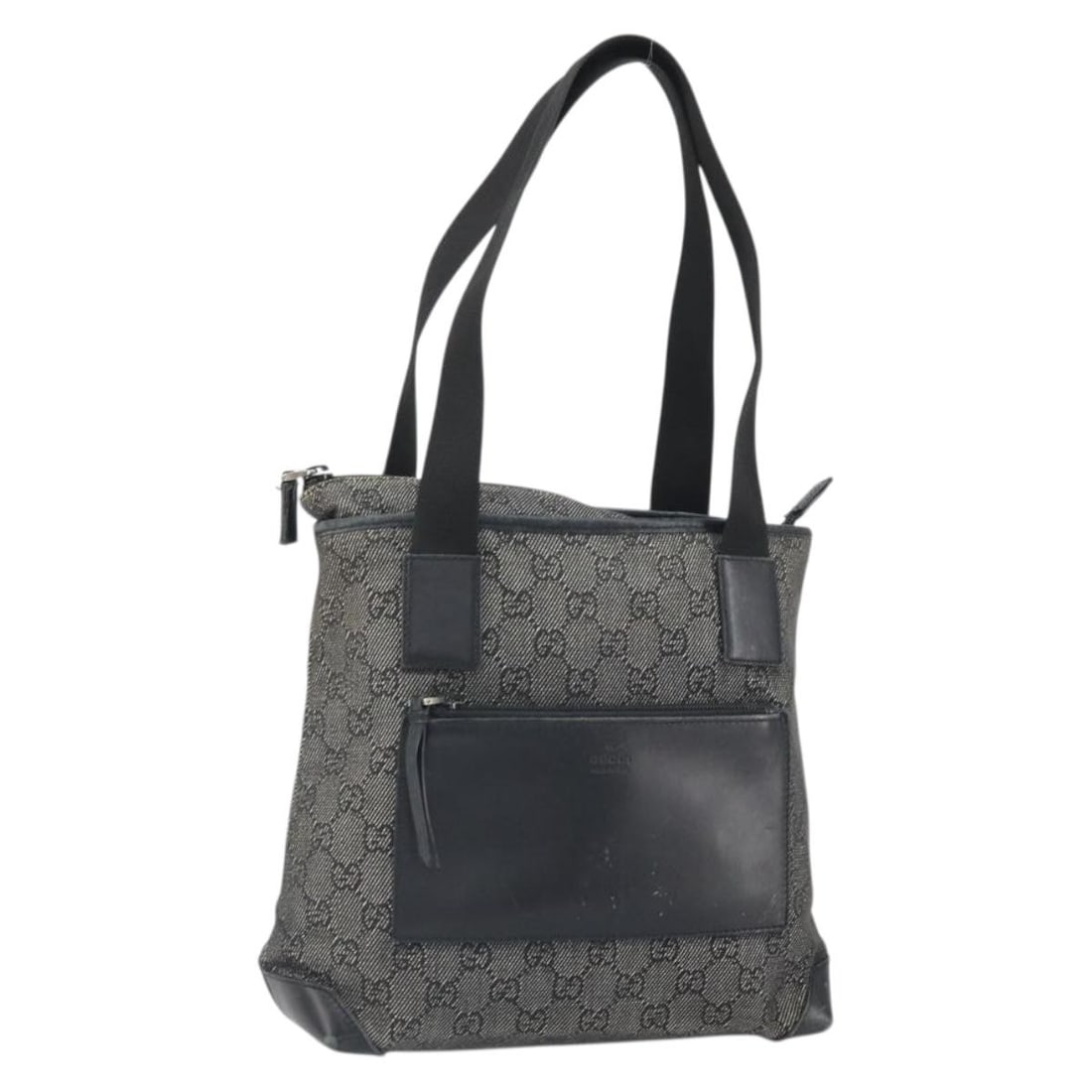 Black GG Canvas Gucci Tote Bag Silver Hardware Model 28893: Black GG Canvas Gucci Tote Bag Silver Hardware Model 28893 This is a GUCCI GG Canvas tote bag in black and silver, crafted in Italy. The tote features a GG Canvas exterior, dual top handles, and a spa